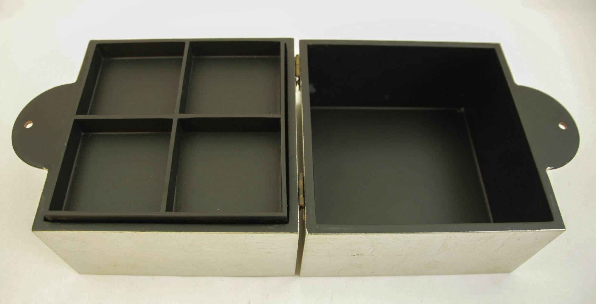 Asian Art Deco Style Silver and Black Lacquered Jewelry Box 1980s 1
