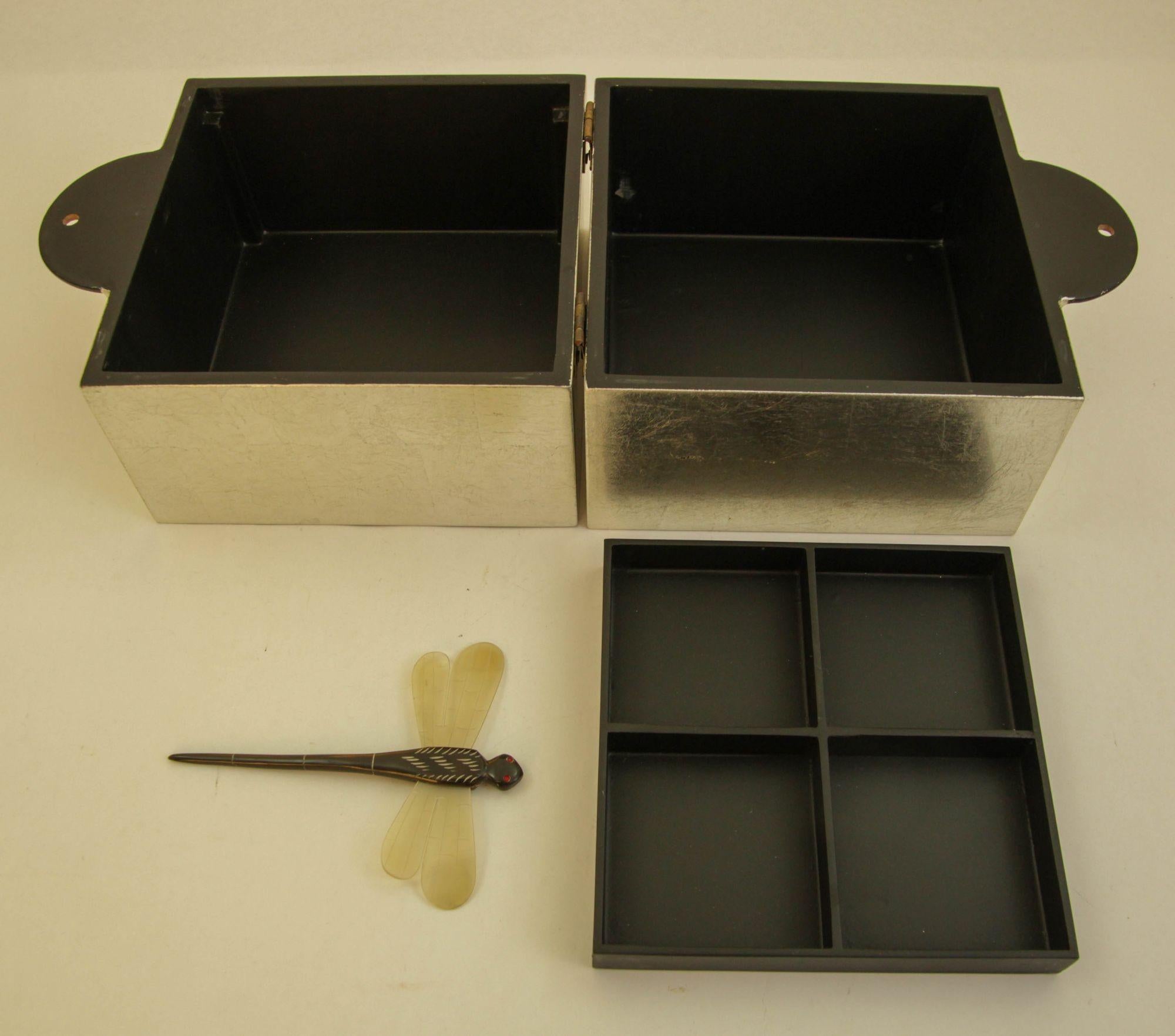 Asian Art Deco Style Silver and Black Lacquered Jewelry Box 1980s 2