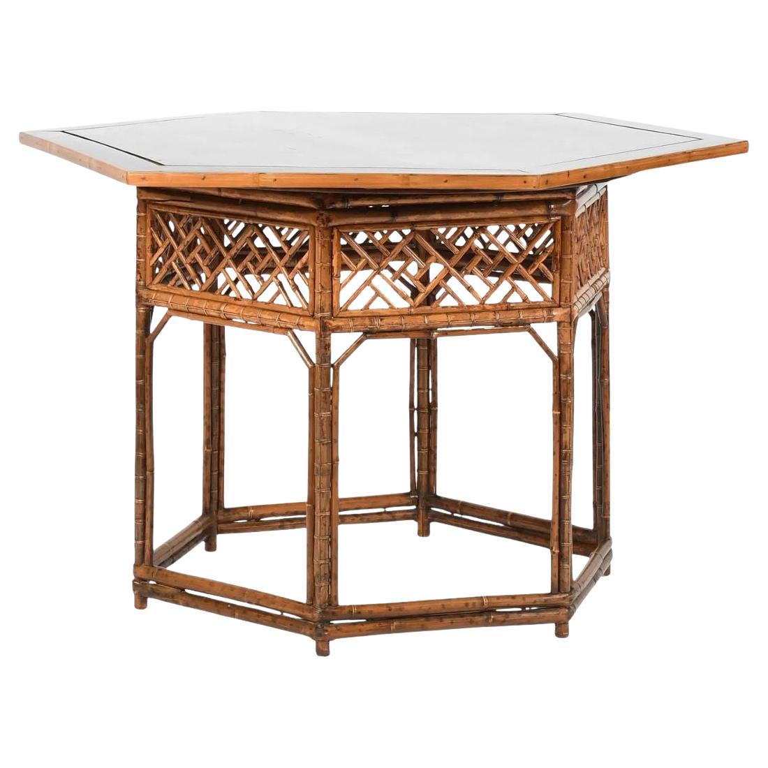 Asian Bamboo Fretwork Hexagonal Table With Removable Lacquered Top For Sale
