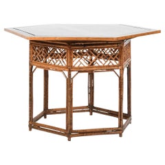 Used Asian Bamboo Fretwork Hexagonal Table With Removable Lacquered Top