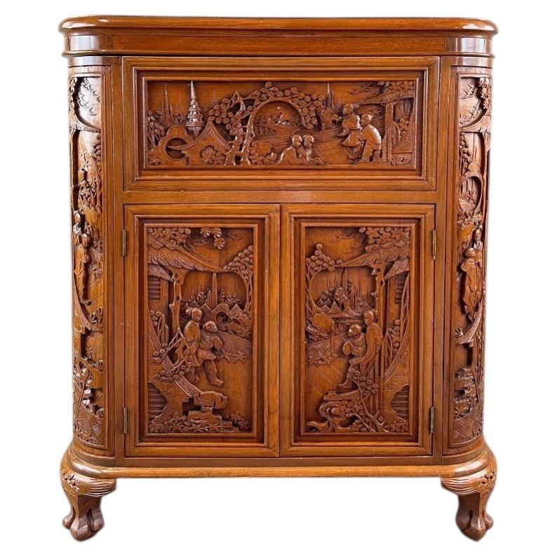 Asian Bar Cabinet In Carved Wood, Early 20th Century For Sale at