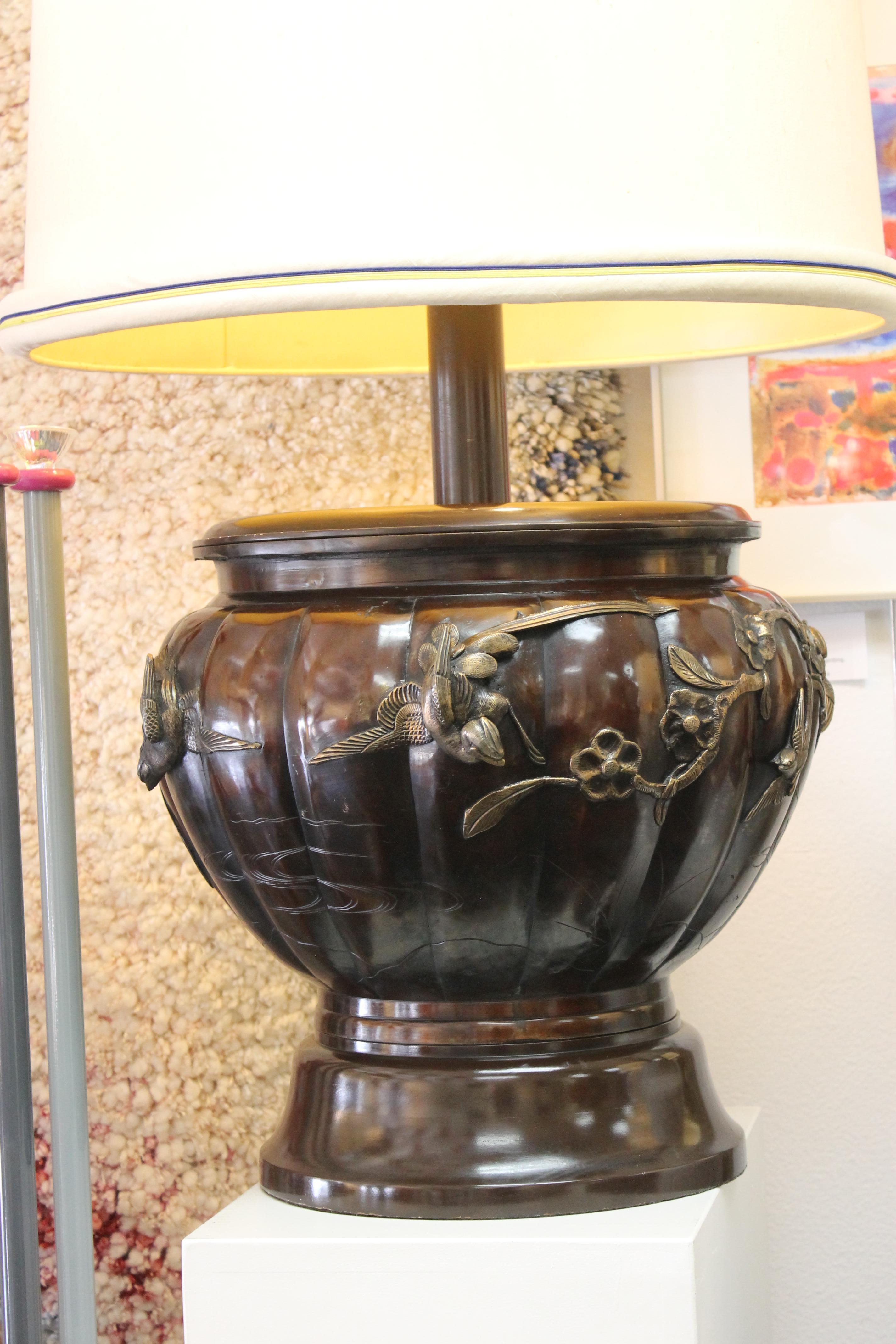 Monumental Asian bird lamp with original shade. Bronze birds look like Chinese bird of paradise. Total height with shade is 51