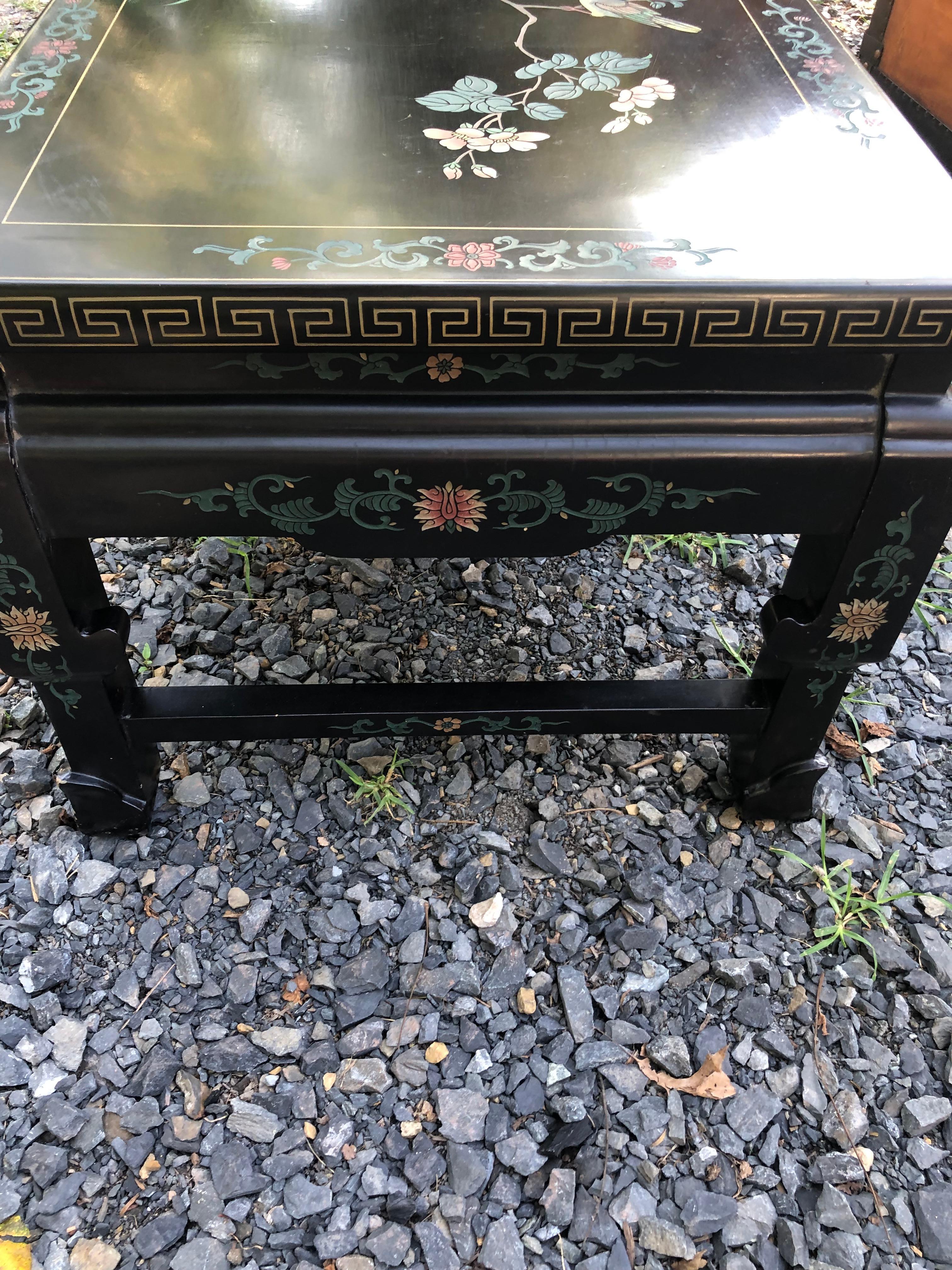Asian Black Coffee Table with Recessed Painted Floral Decoration For Sale 3