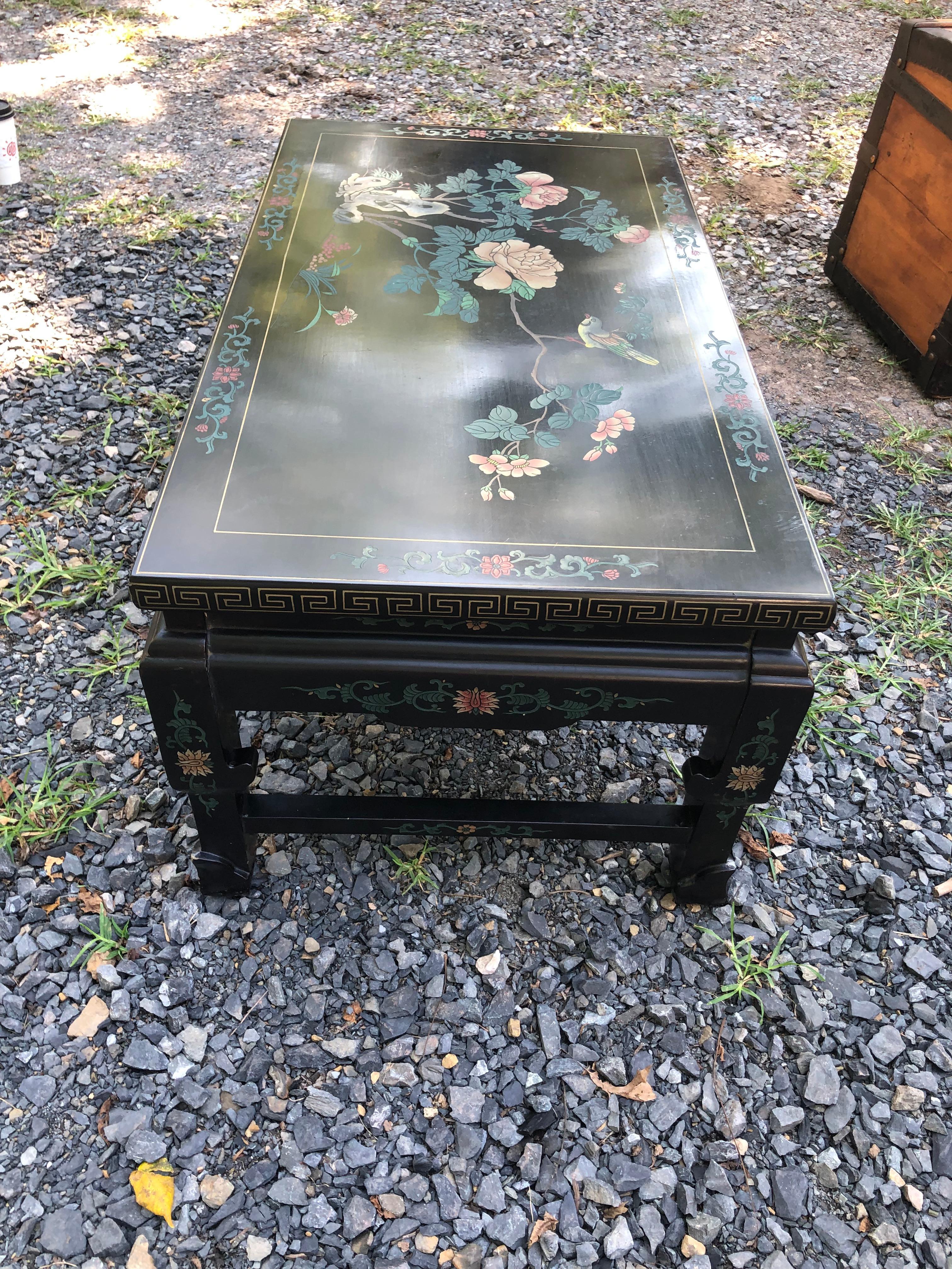 Asian Black Coffee Table with Recessed Painted Floral Decoration For Sale 4
