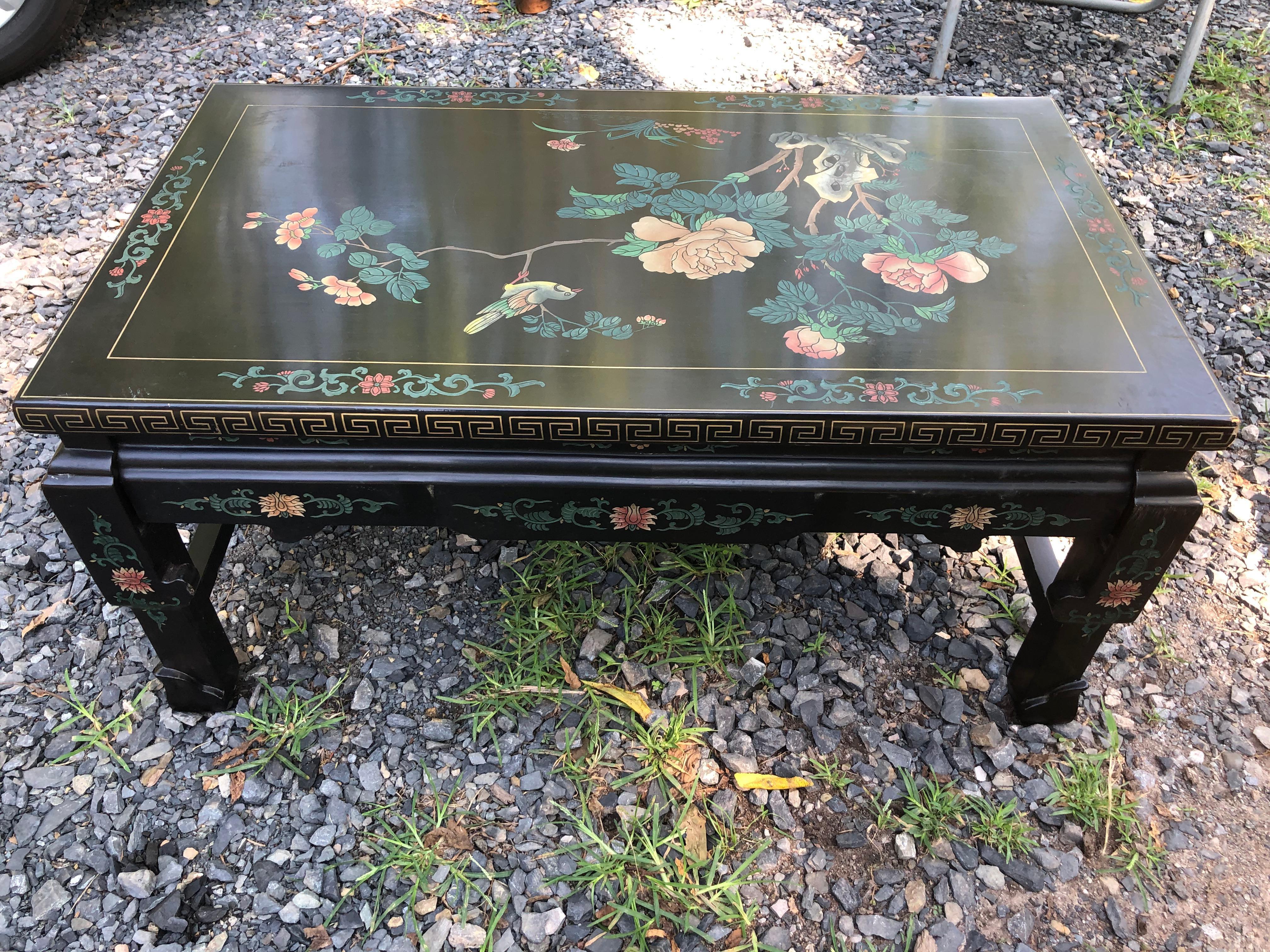 Asian Black Coffee Table with Recessed Painted Floral Decoration In Good Condition For Sale In Hopewell, NJ