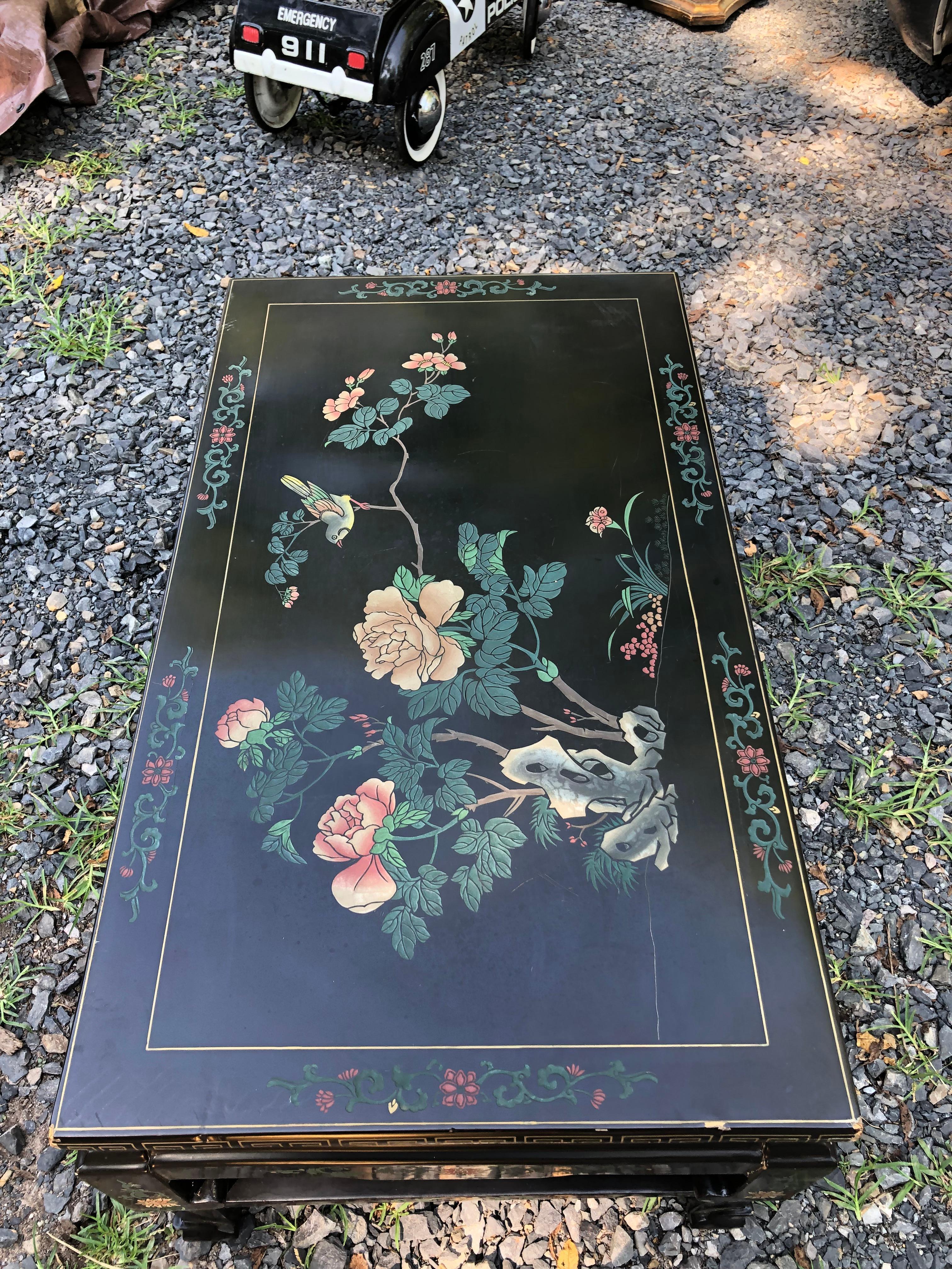 Asian Black Coffee Table with Recessed Painted Floral Decoration For Sale 1