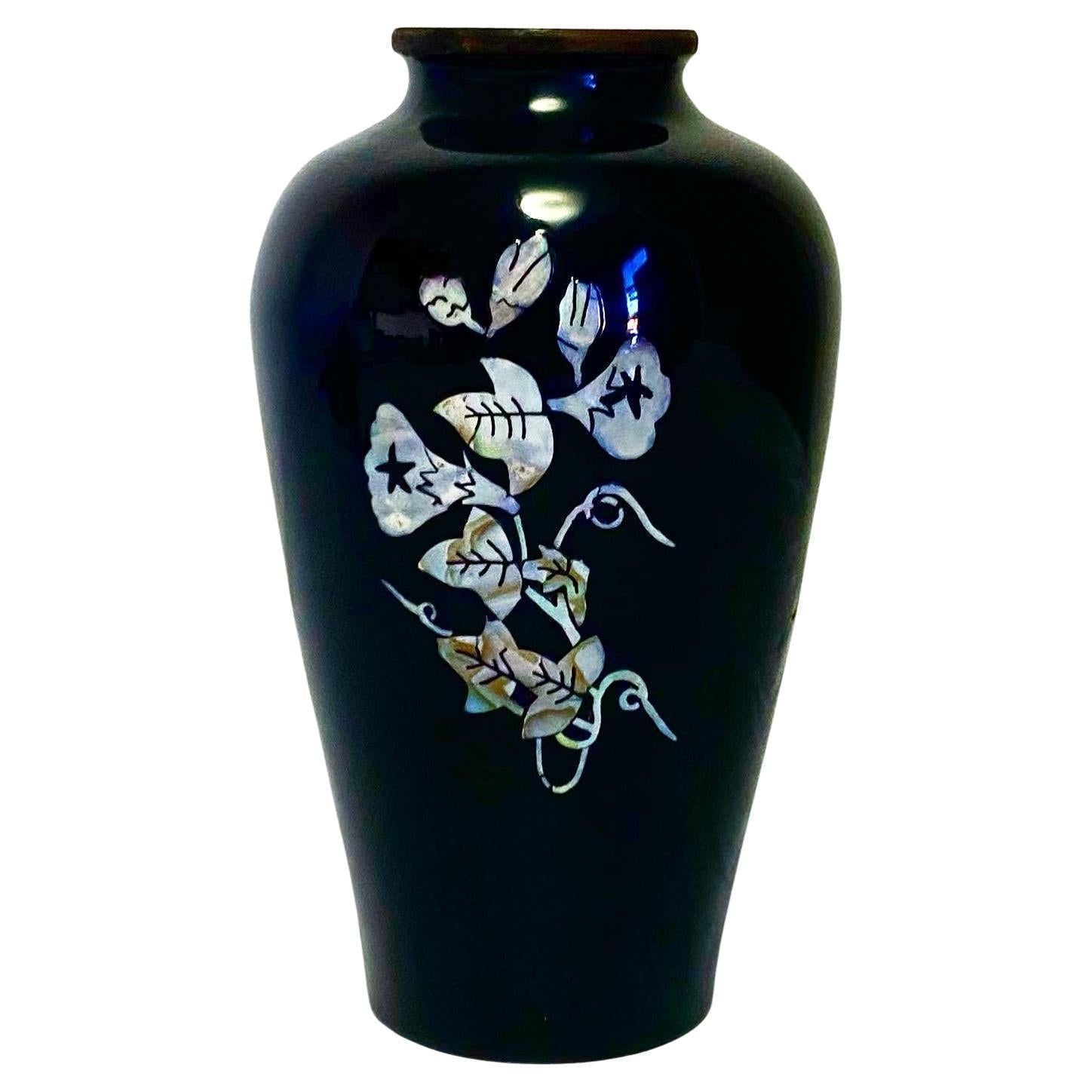 Asian Black Enamel Brass Vase With Mother Of Pearl Flower Inlay