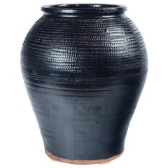 Vintage Asian Black Glaze Ceramic Storage Jar, 20th Century