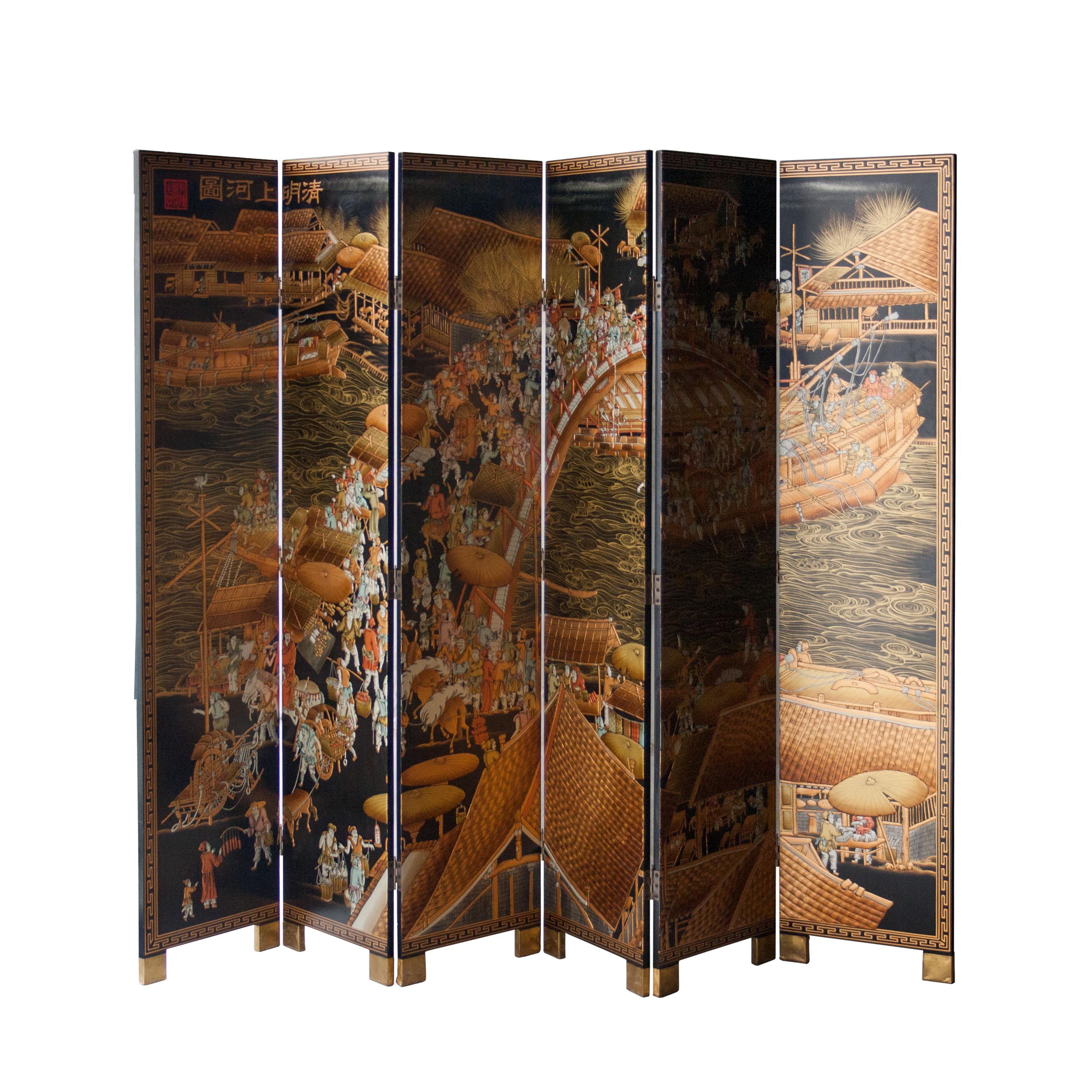 Screen made of wood with 6 articulated panels. Black exquisite coromandel lacquer with traditional Phillippine scenes. Brass finished legs. Black laquered back decorated with Asian characters. Perfect condition.