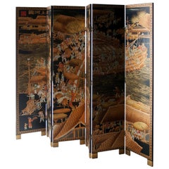 Asian Black Gold Coromandel Lacquered Wooden Screen, Phillippines, 1920