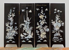 Asian Black Lacquer and Mother of Pearl Four Panel Table Screen 1990s