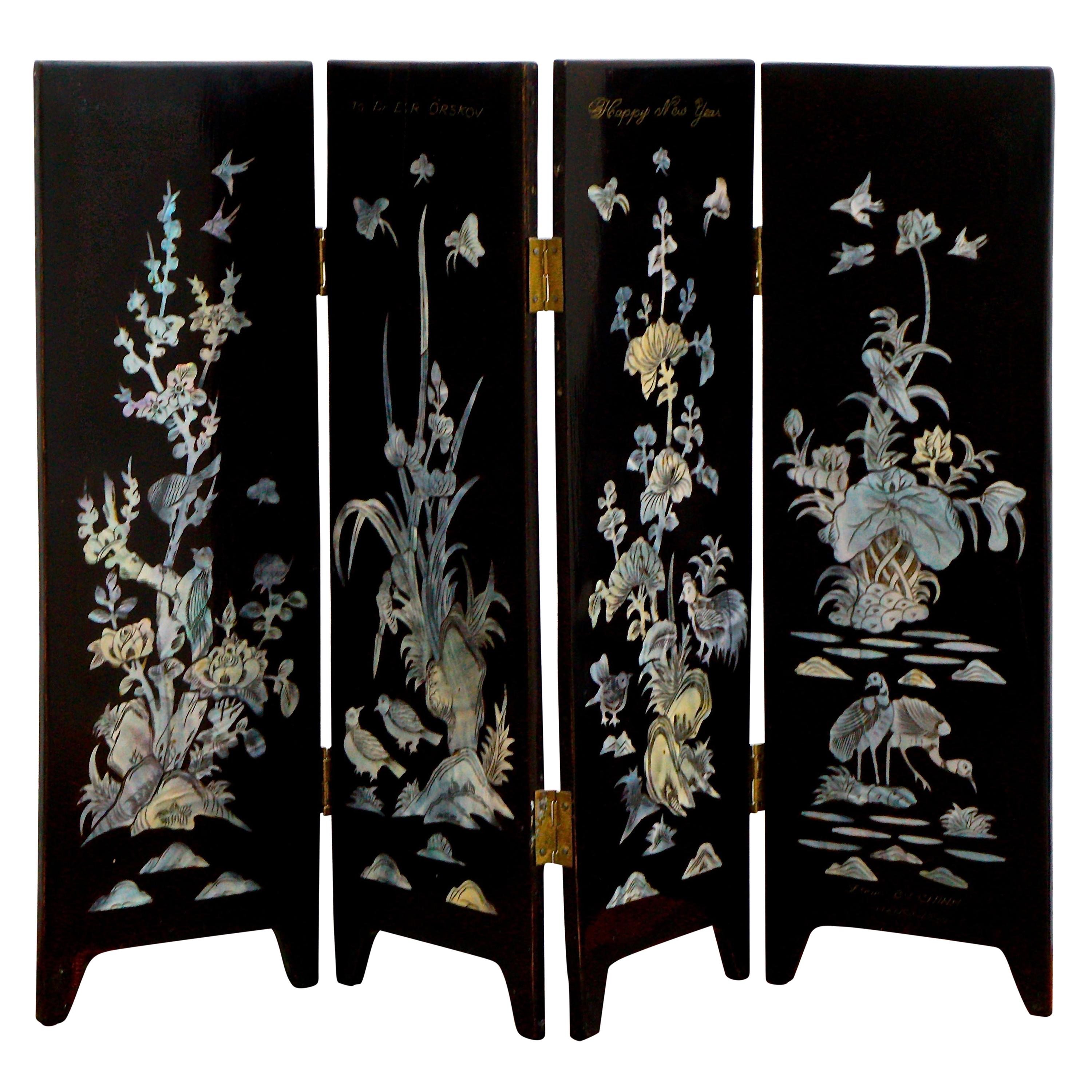 Asian Black Lacquer and Mother of Pearl Four Panel Table Screen 1990s