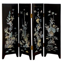 Vintage Asian Black Lacquer and Mother of Pearl Four Panel Table Screen 1990s
