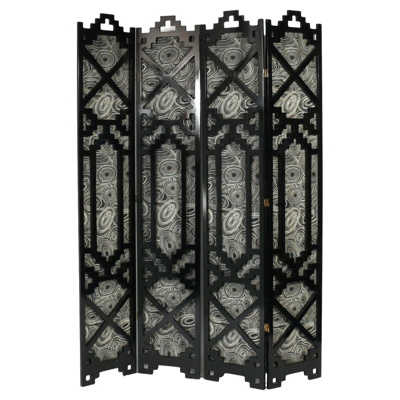 Asian Black Lacquer Folding Screen or Room Divider
