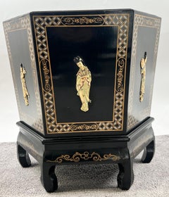 Asian Black Lacquer Hexagonal Side Table with Hand-Painted Gold & Figural Pane