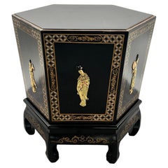 Asian Black Lacquer Hexagonal Side Table with Hand-Painted Gold & Figural Pane