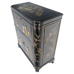 Asian Black Lacquer Mother of Pearl Figurines Decorated Multi Compartment Bar