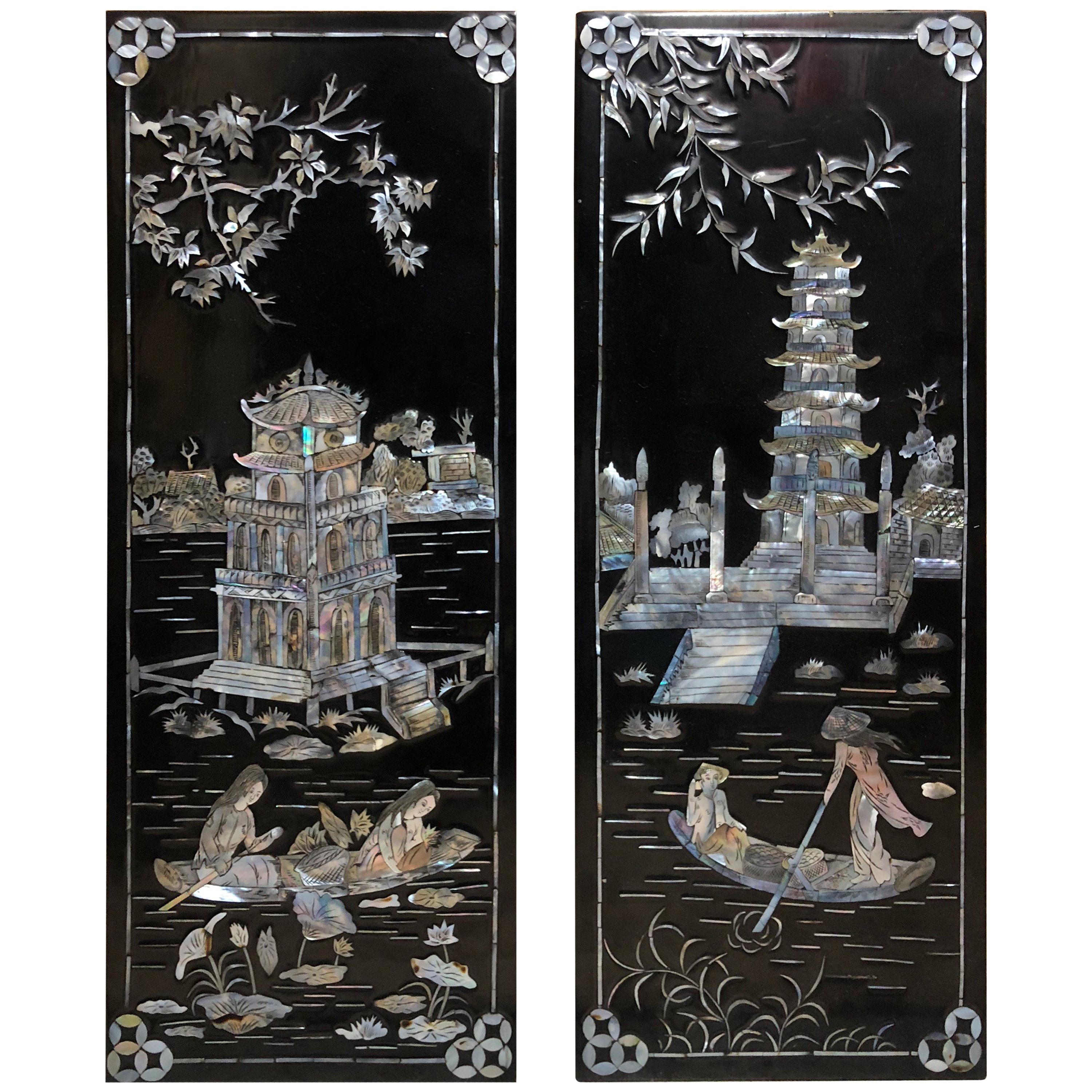 Asian Black Lacquered Mother of Pearl Small Wall Panels Chinese Geishas