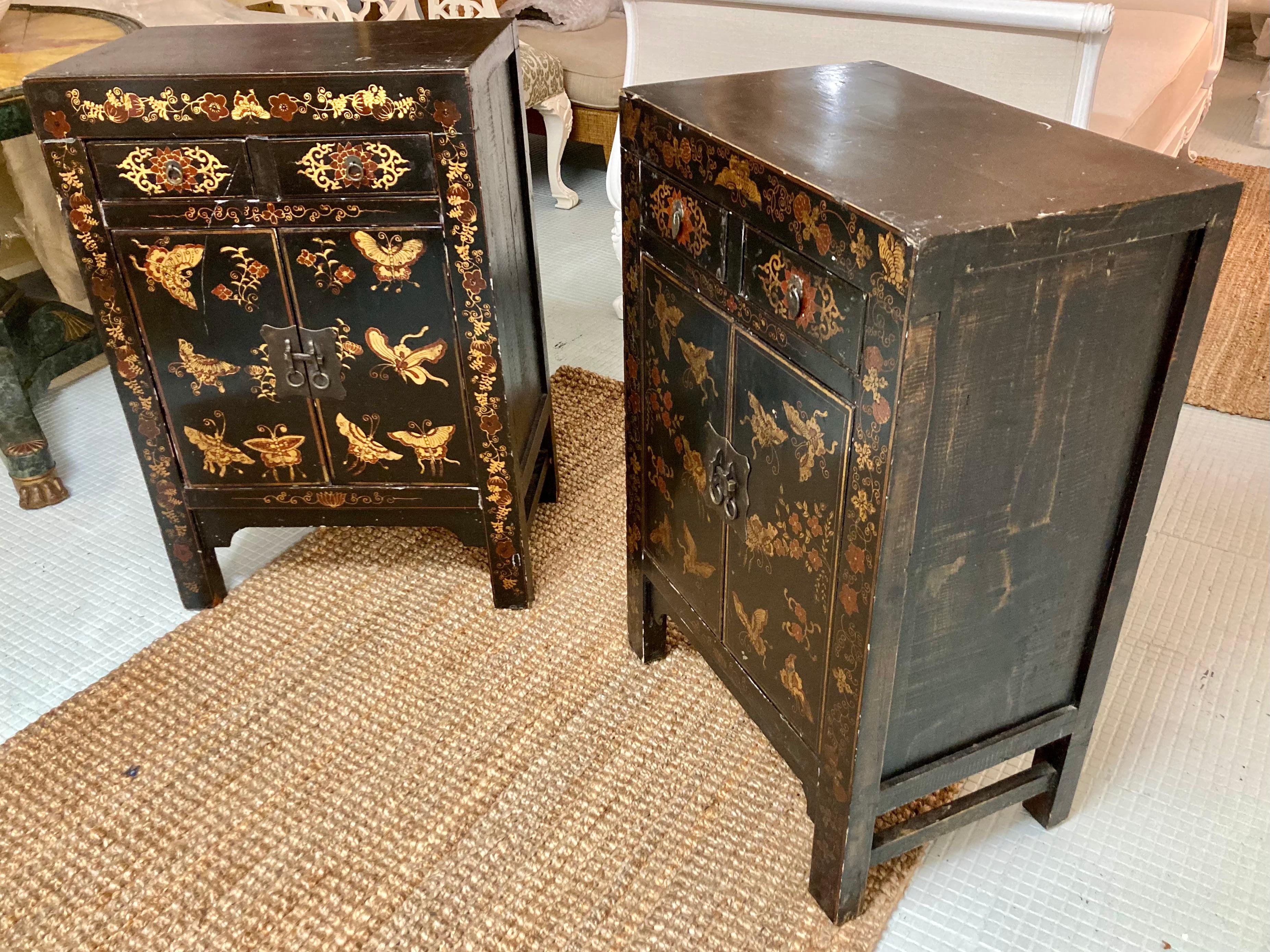 Other Asian Black Lacquered Side Cabinets With Hand Painted Butterflies, a Pair For Sale