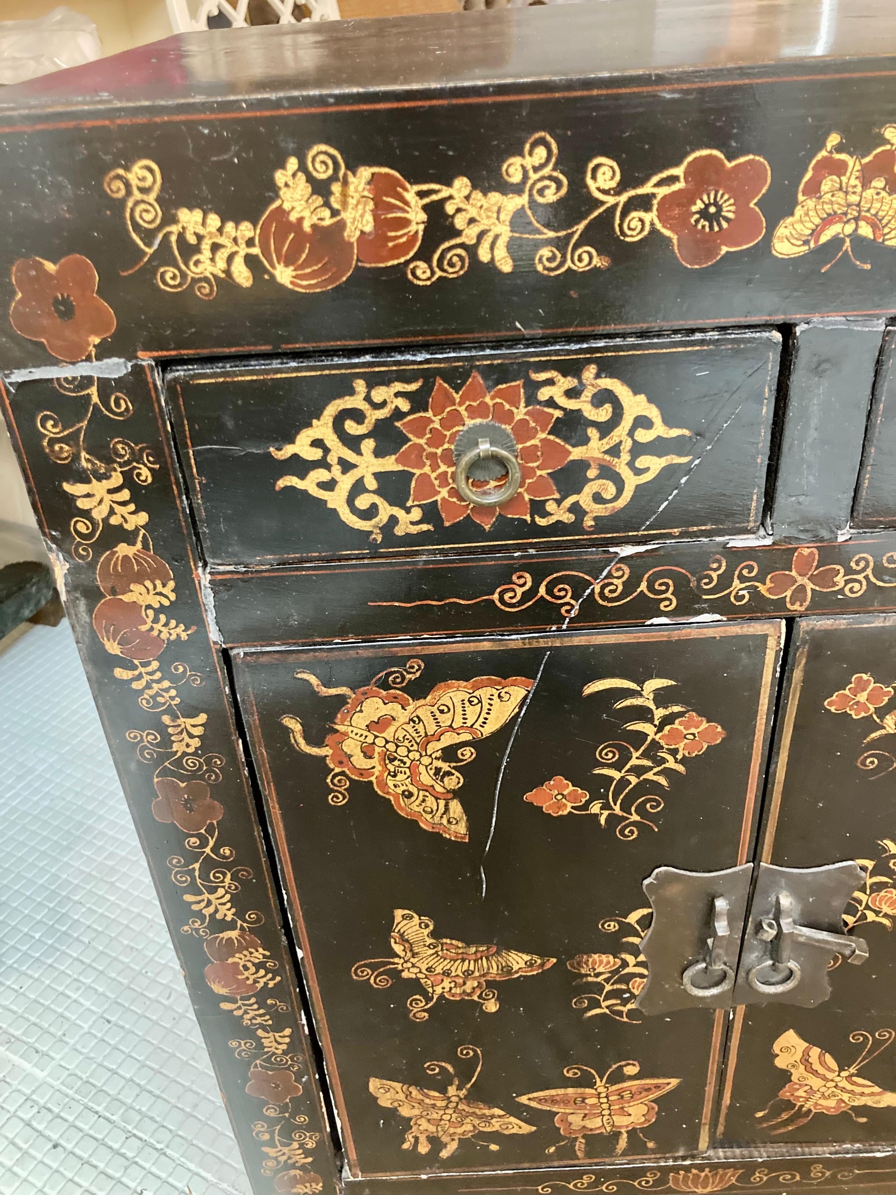 Asian Black Lacquered Side Cabinets With Hand Painted Butterflies, a Pair In Good Condition For Sale In Los Angeles, CA