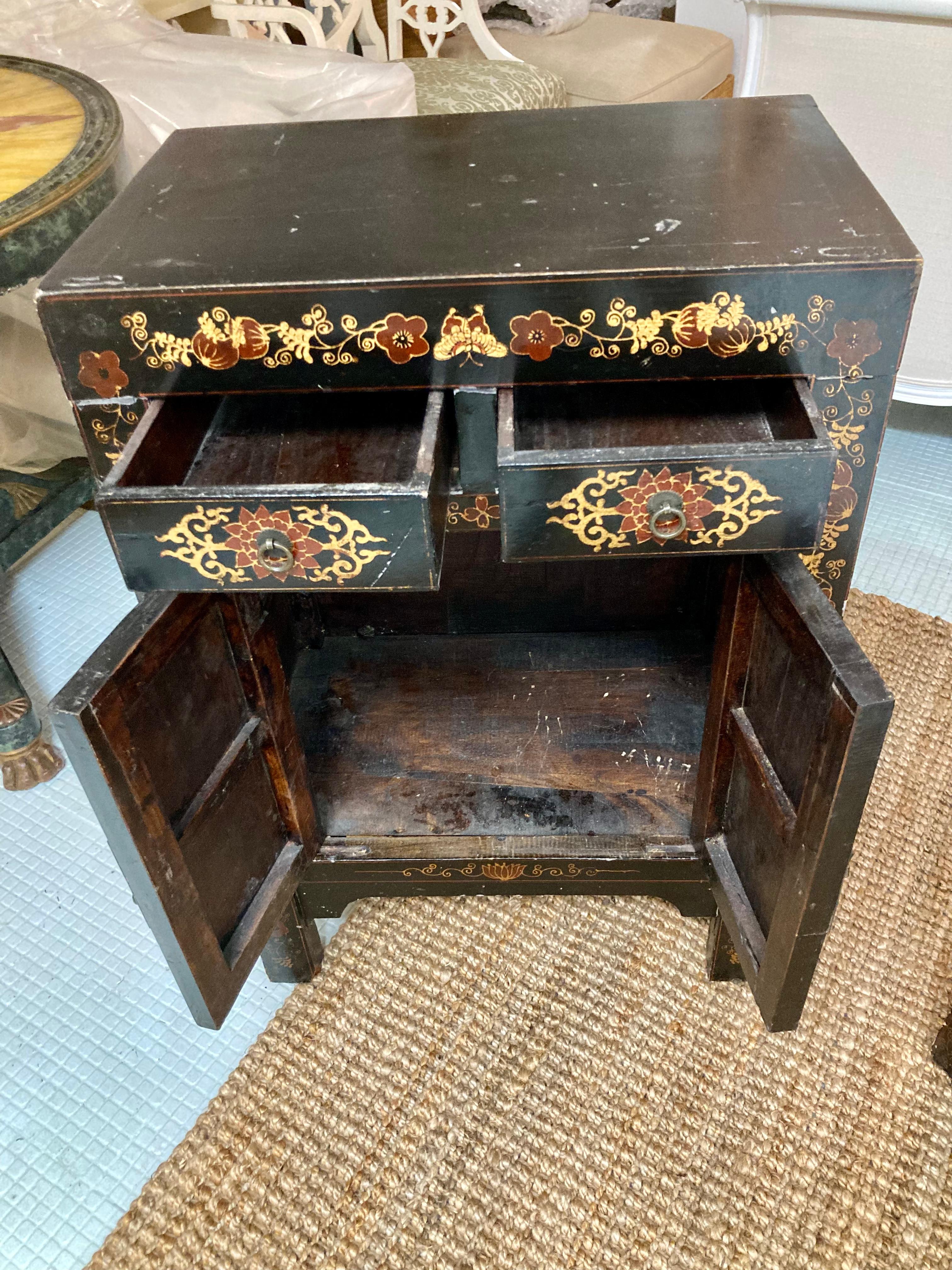 20th Century Asian Black Lacquered Side Cabinets With Hand Painted Butterflies, a Pair For Sale