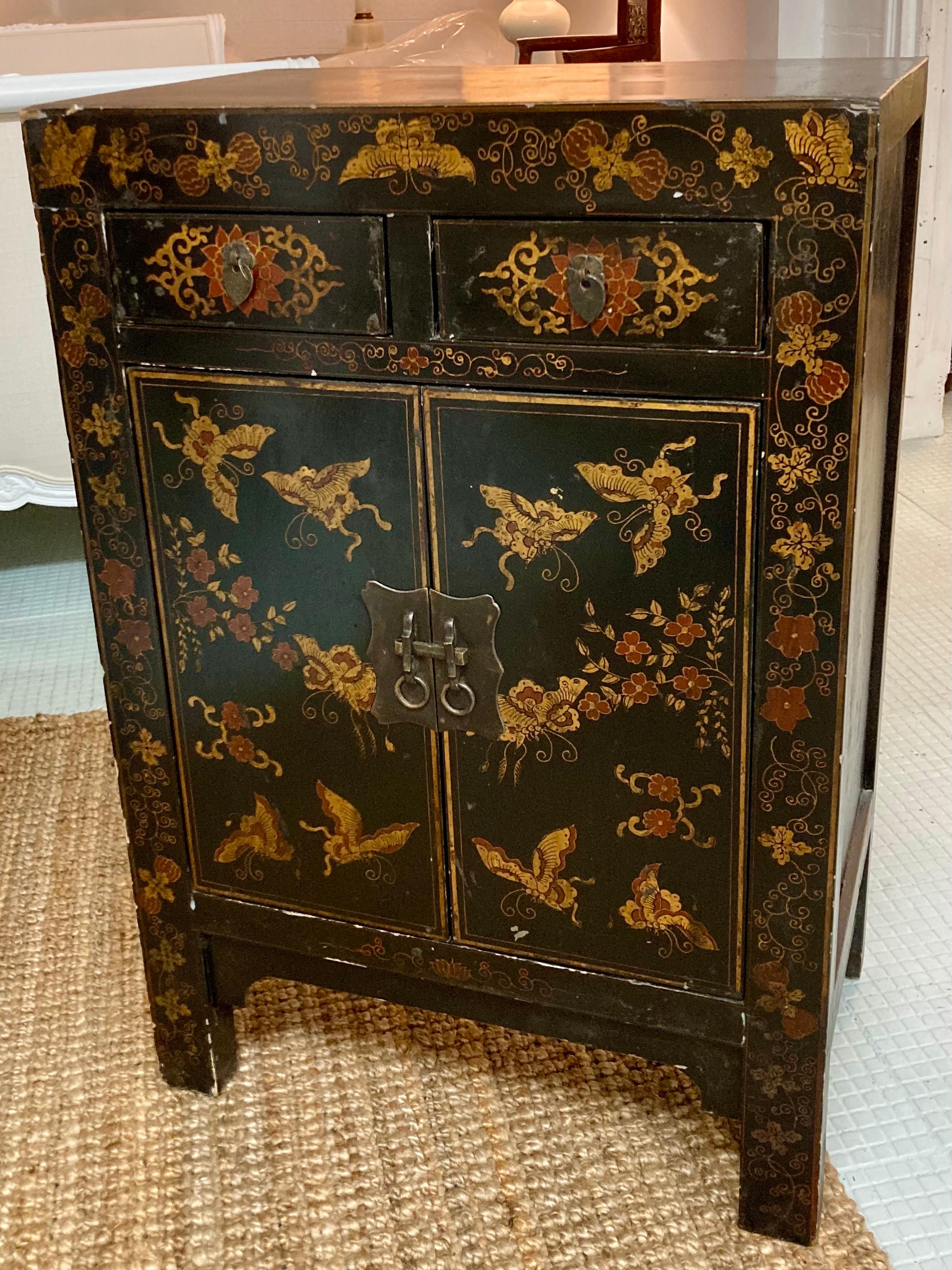 Wood Asian Black Lacquered Side Cabinets With Hand Painted Butterflies, a Pair For Sale