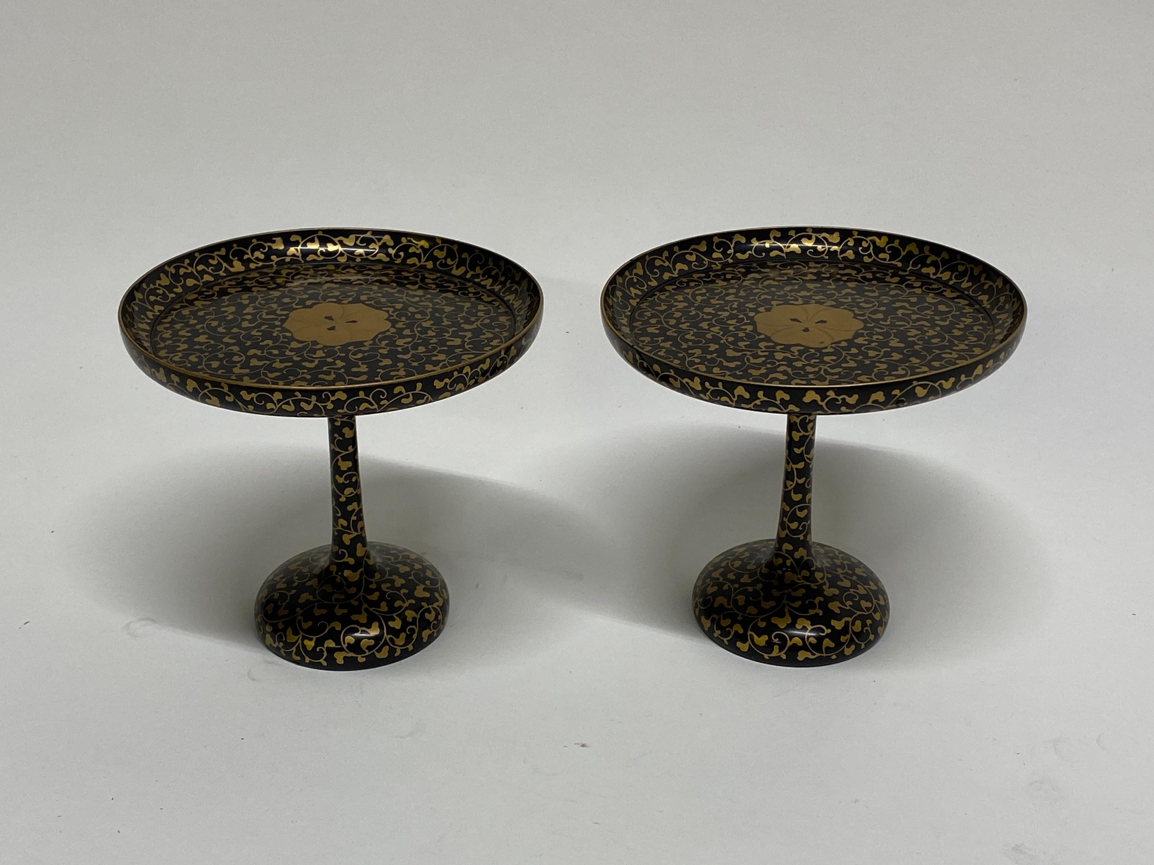 Japanese Asian Black Lacquerware and Gold Tazzas, A Pair For Sale