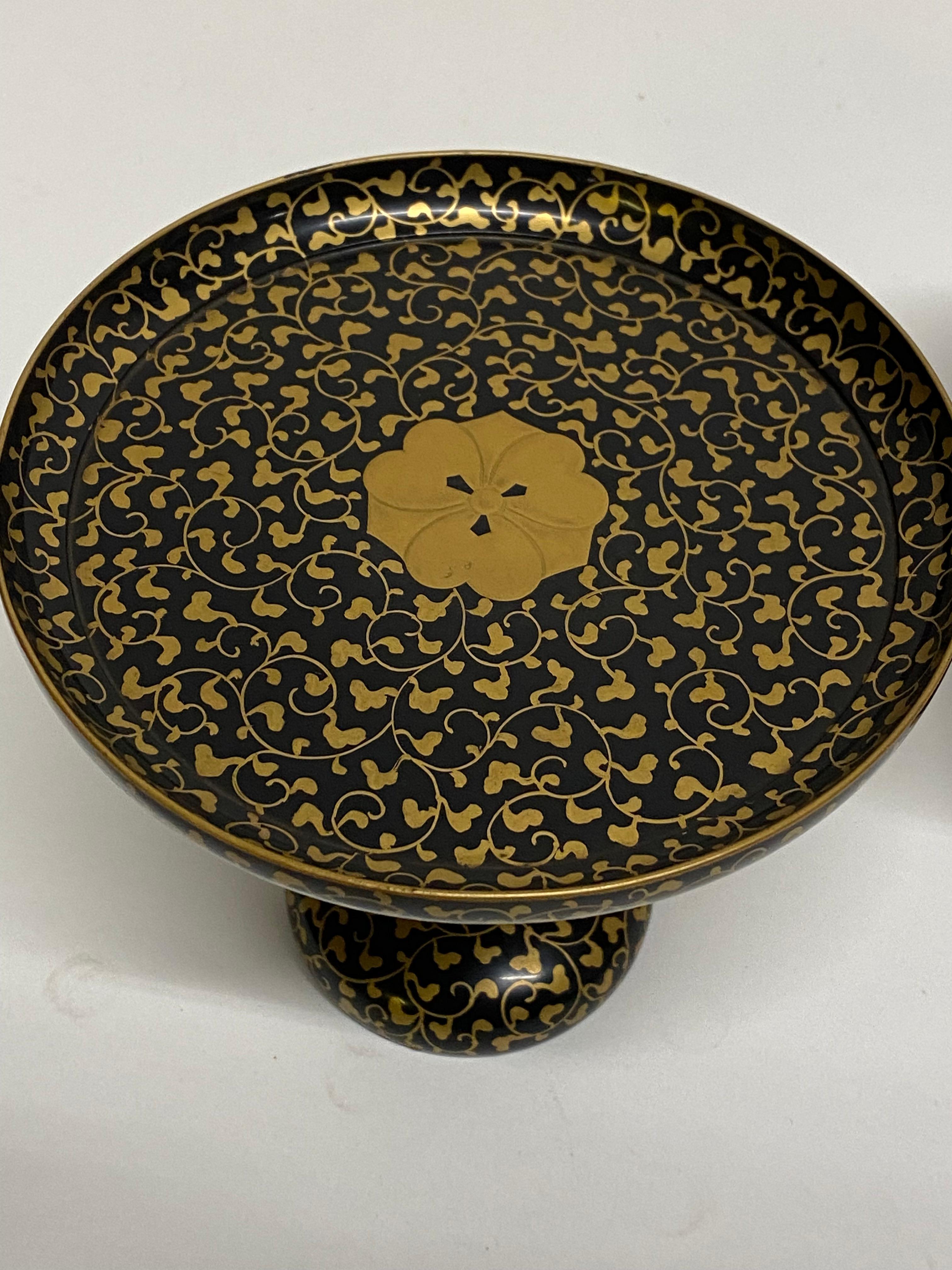 Asian Black Lacquerware and Gold Tazzas, A Pair In Good Condition For Sale In Garnerville, NY