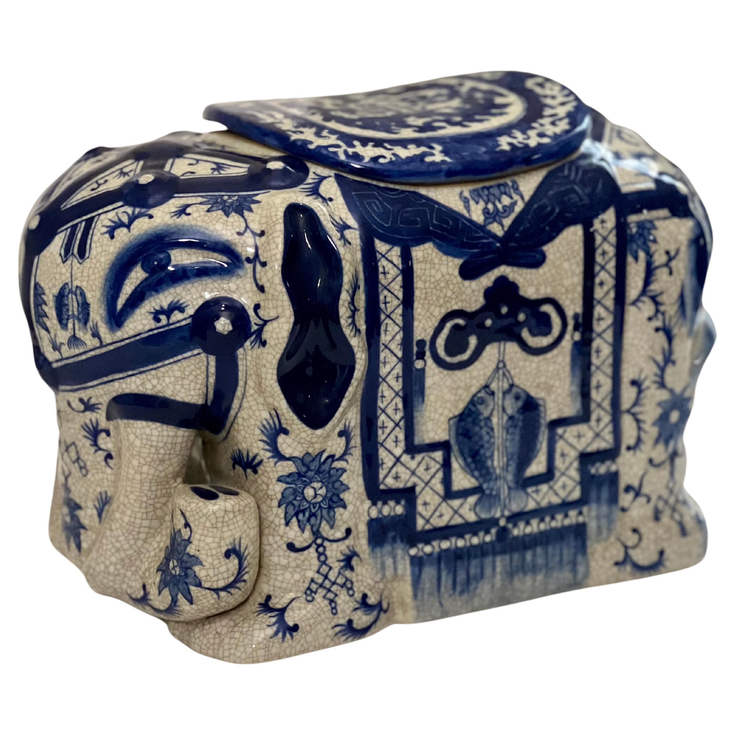 Asian Blue and White Ceramic Elephant Form Lidded Vase or Box, 20th Century