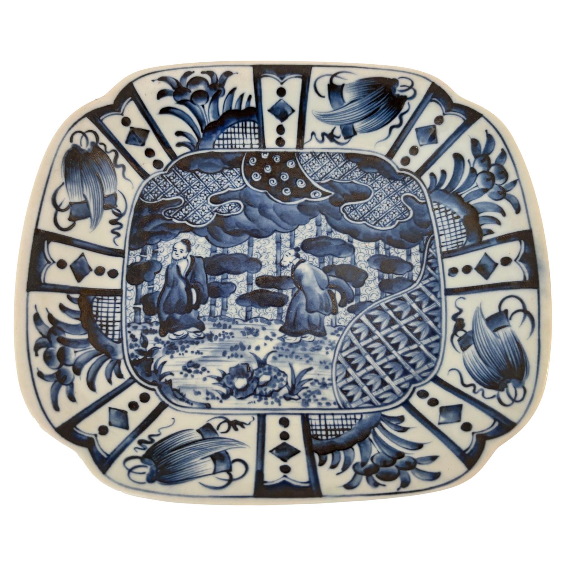 Assiette asiatique en céramique Kraak bleue et blanche Vintage Chinese Export 1950s