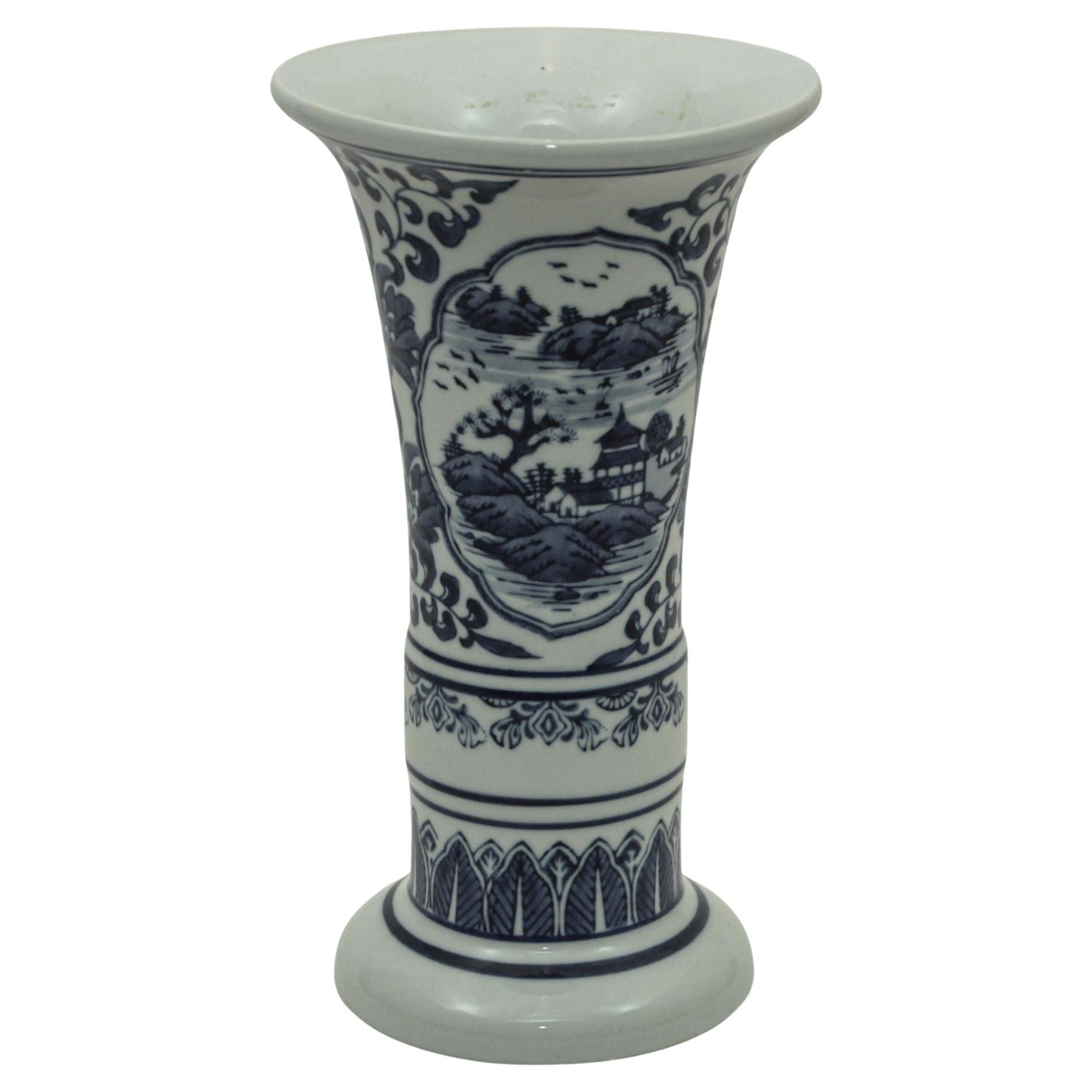 Asian Blue and White Porcelain Flower Drum Vase