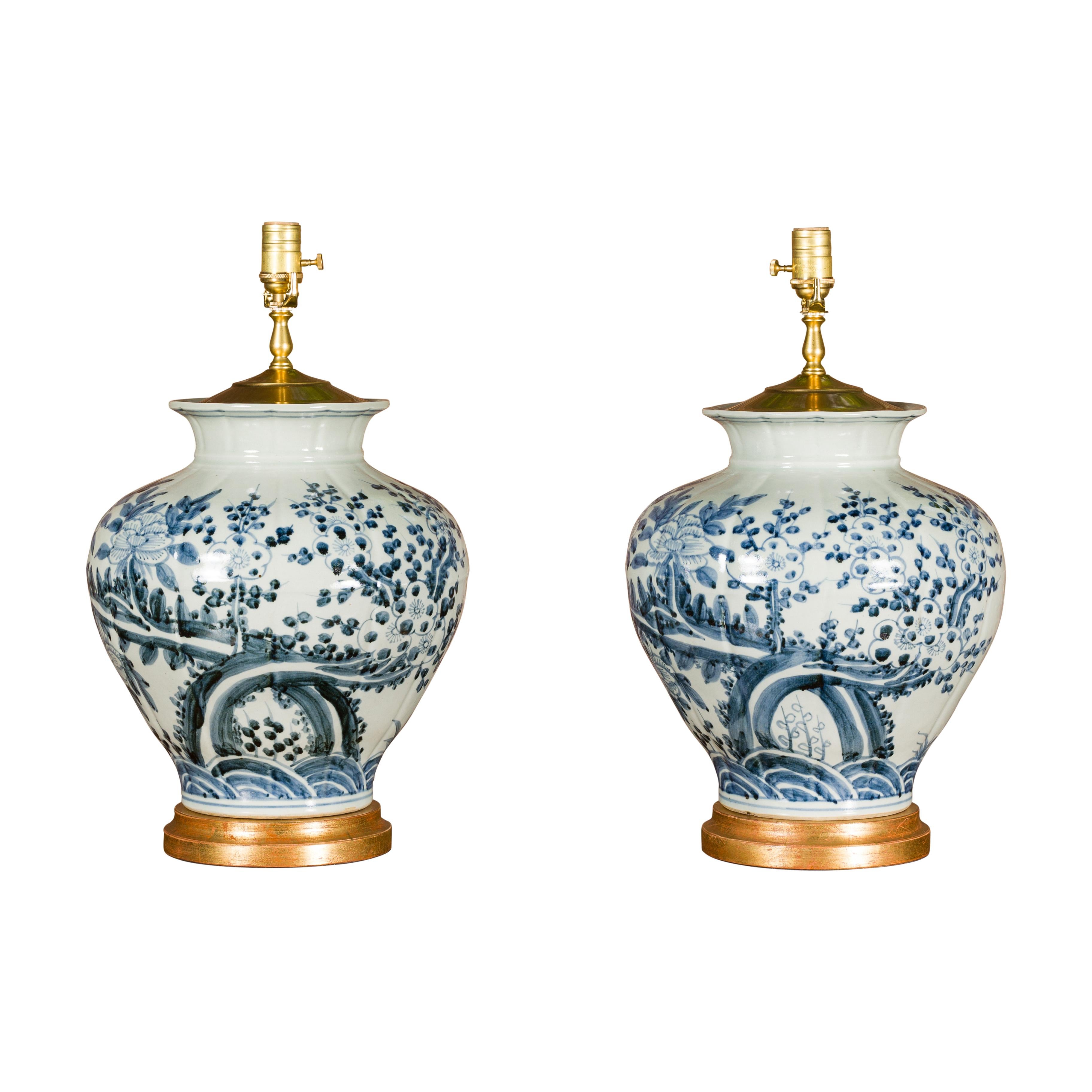 Asian Blue and White Porcelain Table Lamps with Blooming Trees, a Pair 9