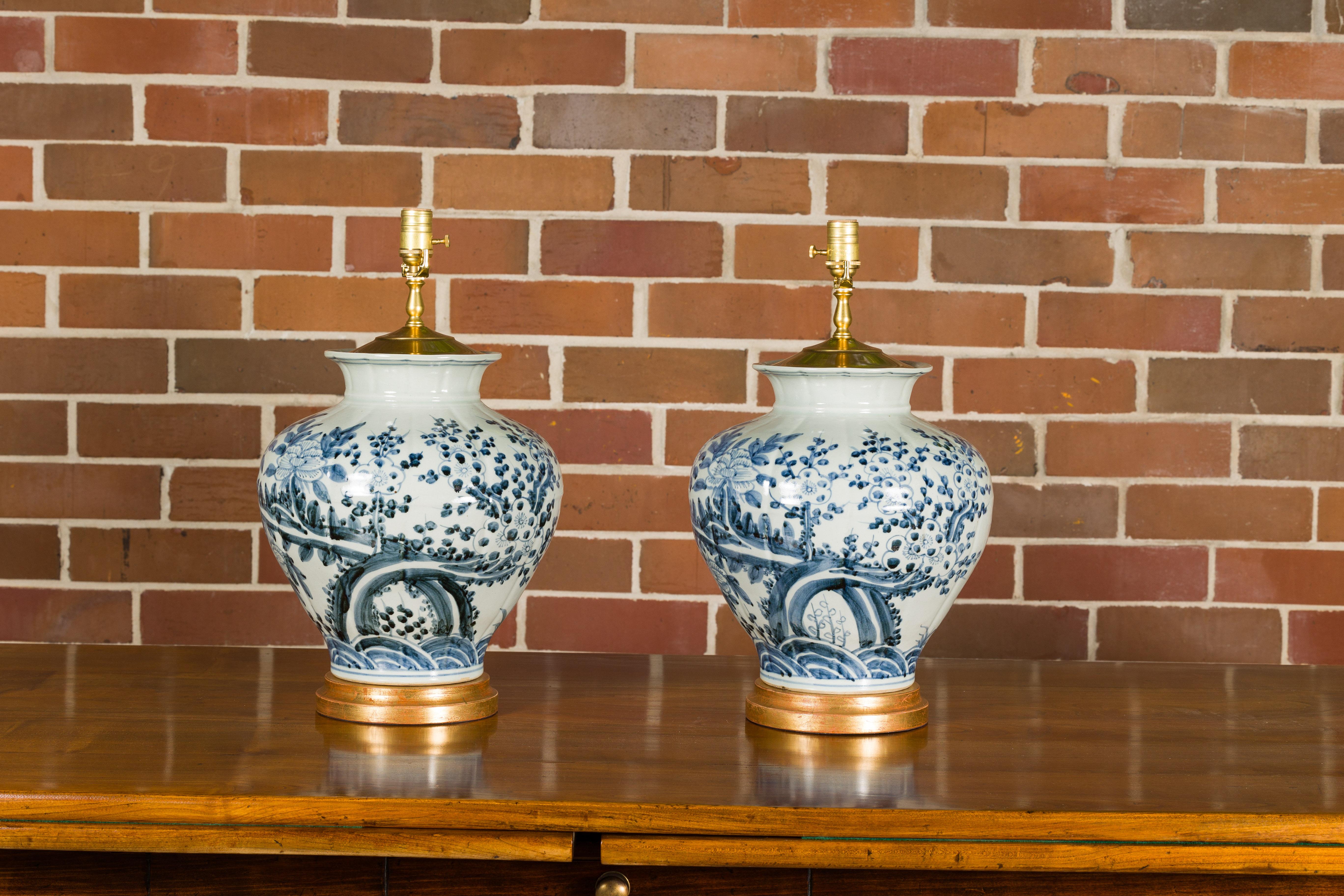Hand-Painted Asian Blue and White Porcelain Table Lamps with Blooming Trees, a Pair