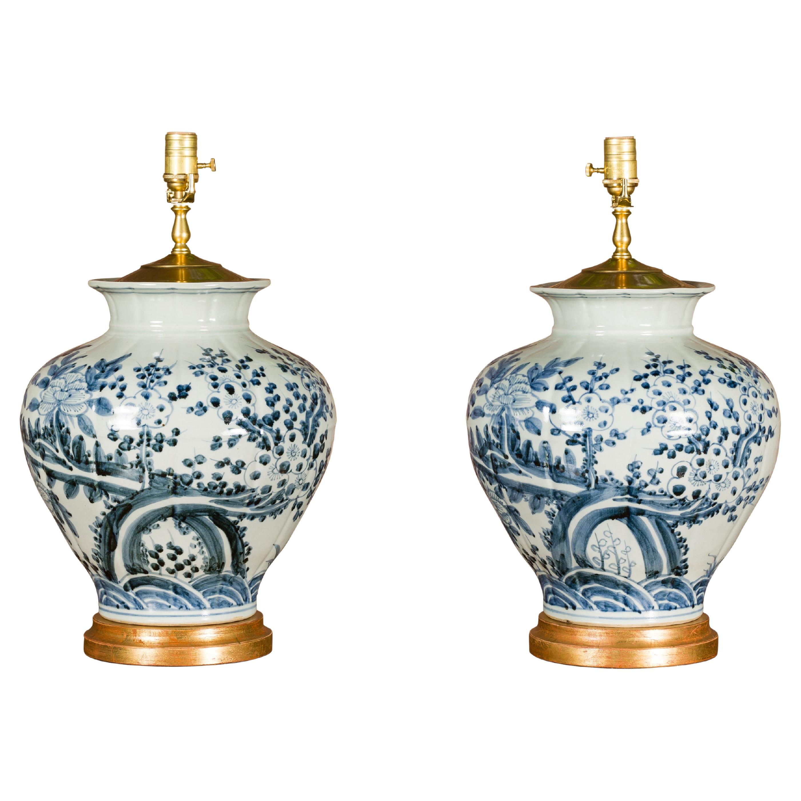 Asian Blue and White Porcelain Table Lamps with Blooming Trees, a Pair