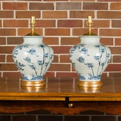 Asian Blue and White Porcelain Vases Made Into USA Wired Table Lamps, a Pair