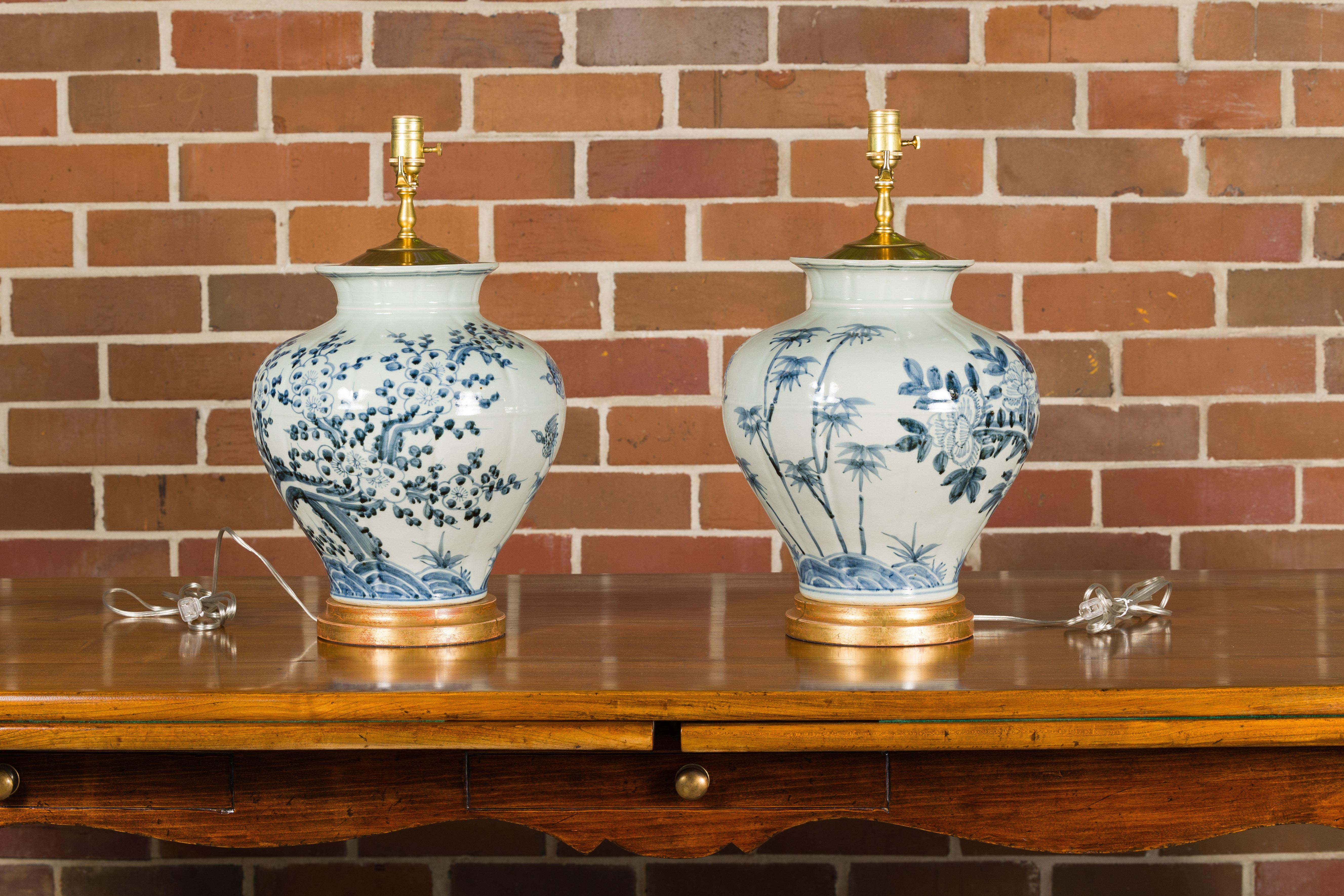 Hand-Painted Asian Blue and White Porcelain Vases Made Into USA Wired Table Lamps, a Pair