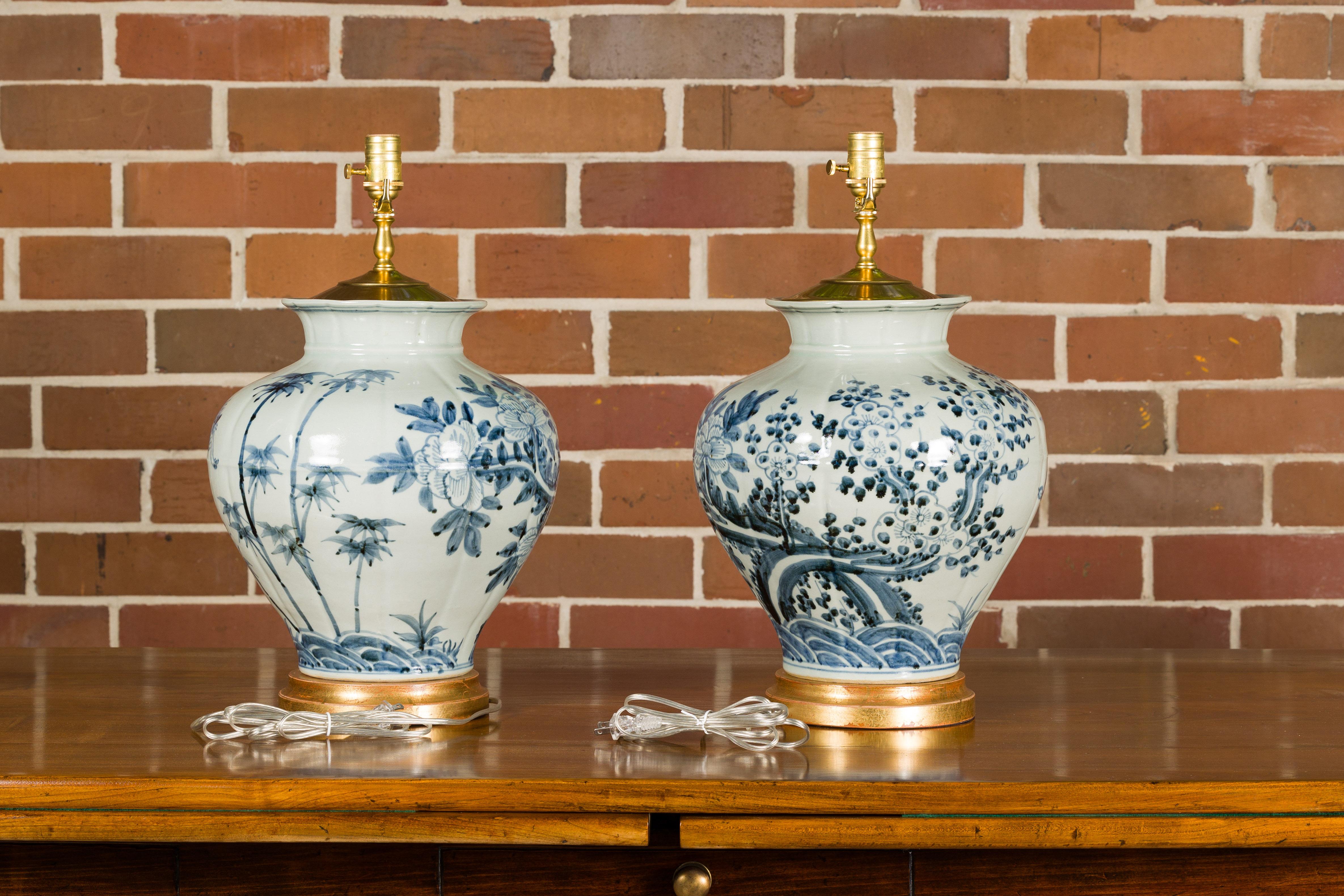 20th Century Asian Blue and White Porcelain Vases Made Into USA Wired Table Lamps, a Pair