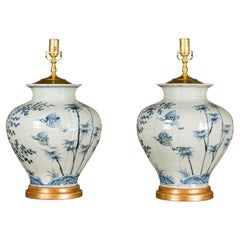 Asian Blue and White Porcelain Vases Made Into USA Wired Table Lamps, a Pair