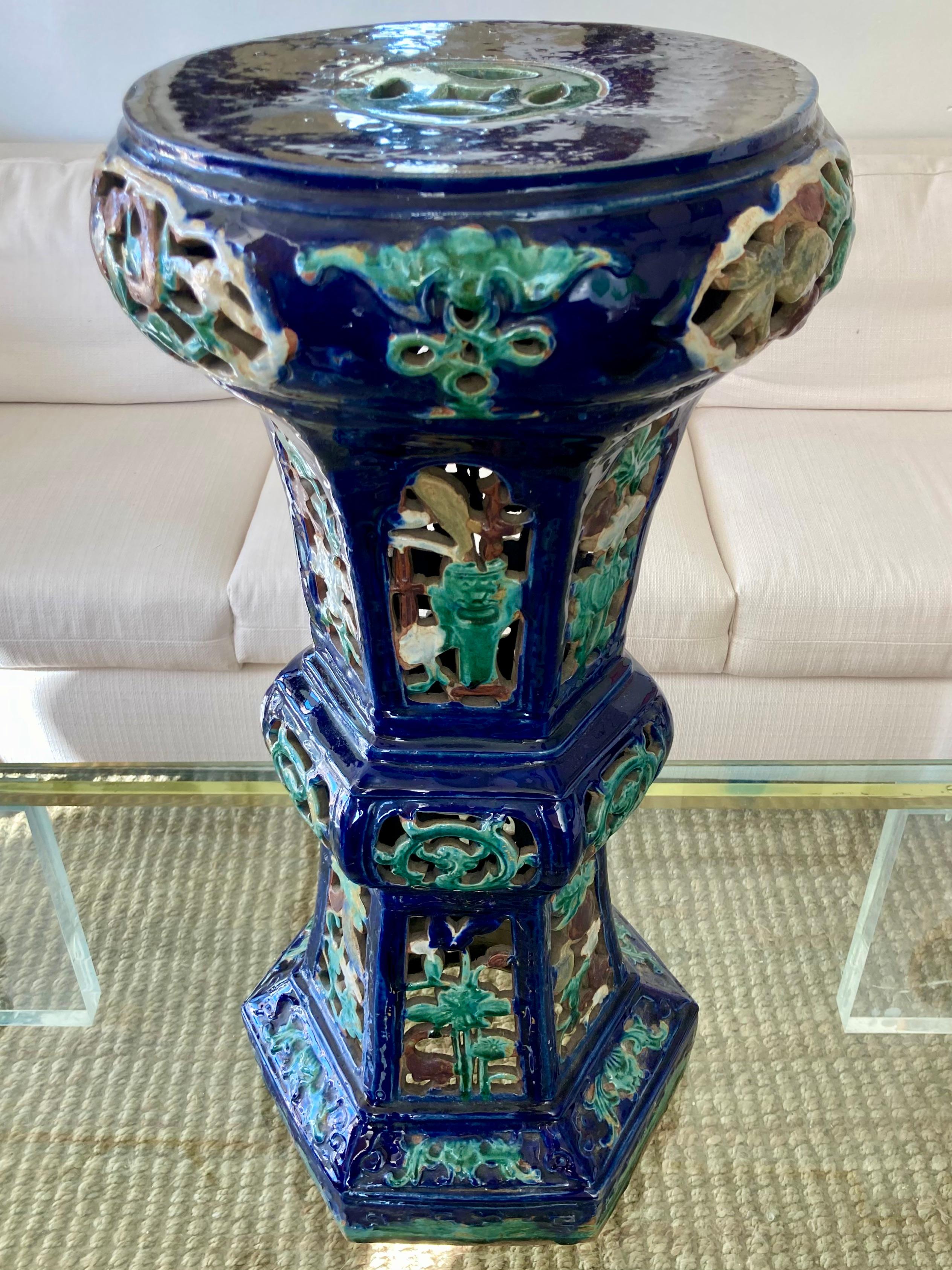 Beautiful Asian blue glazed terra cotta pedestal. Great addition you your classical inspired garden and patio.