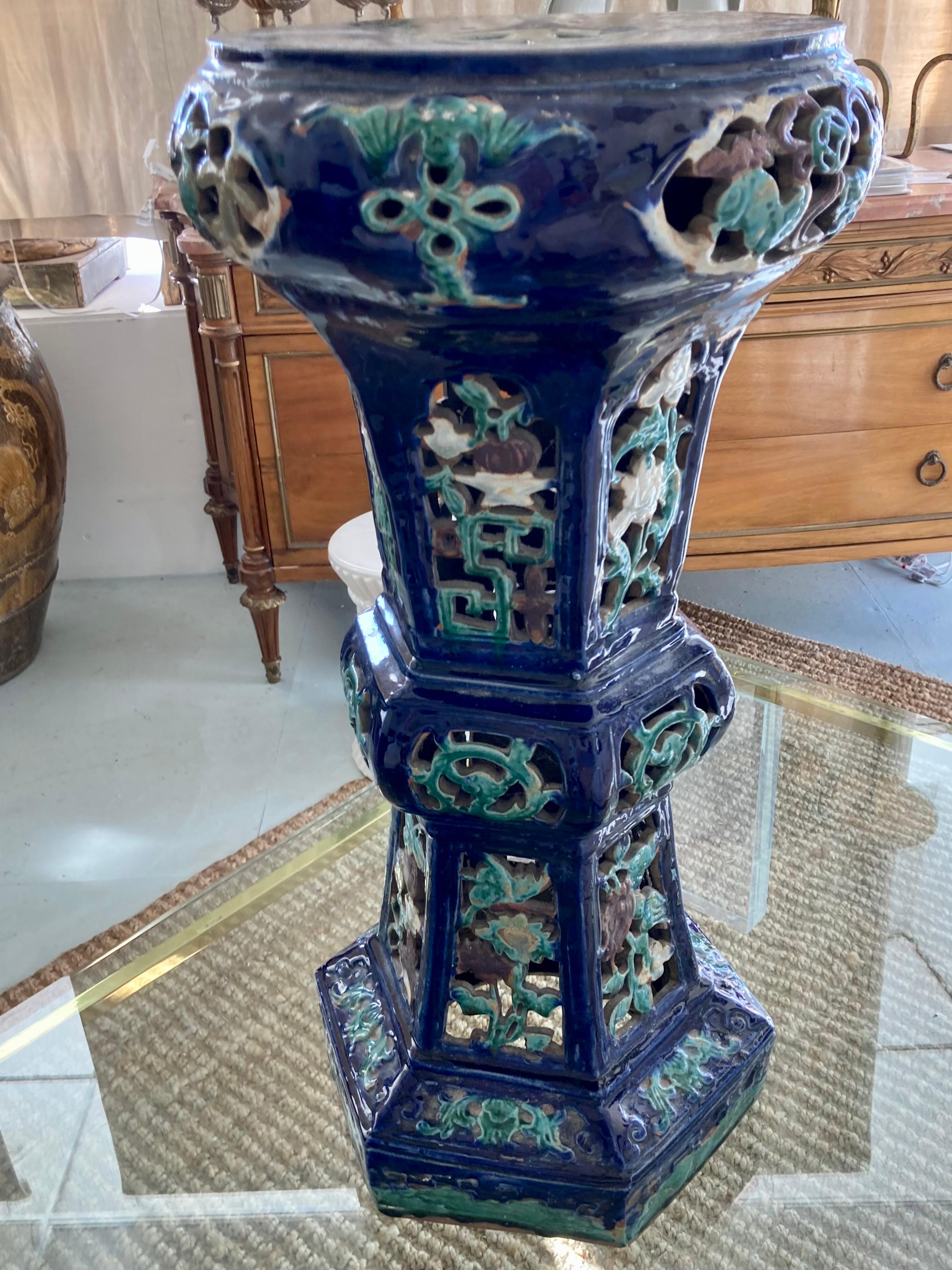 Chinese Asian Blue Glazed Terra Cotta Pedestal For Sale