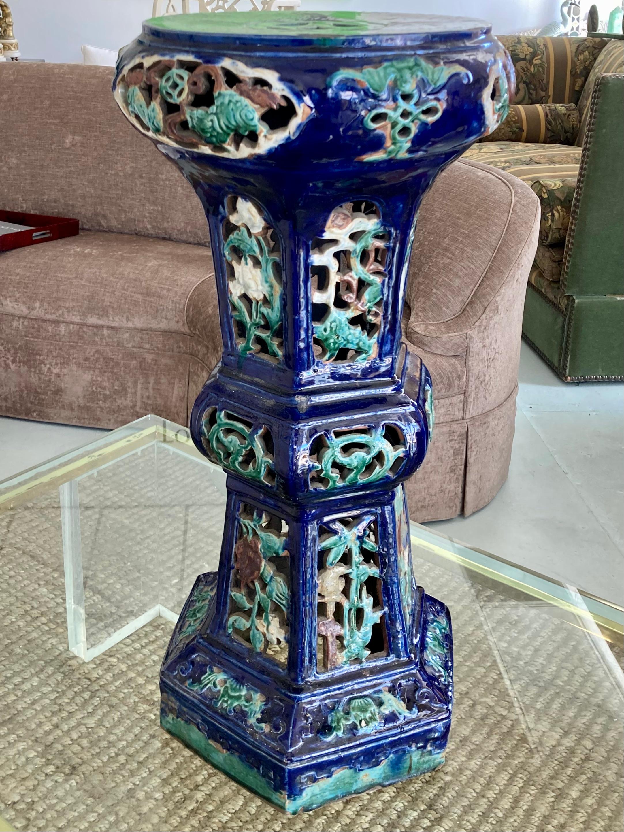 Asian Blue Glazed Terra Cotta Pedestal In Good Condition For Sale In Los Angeles, CA