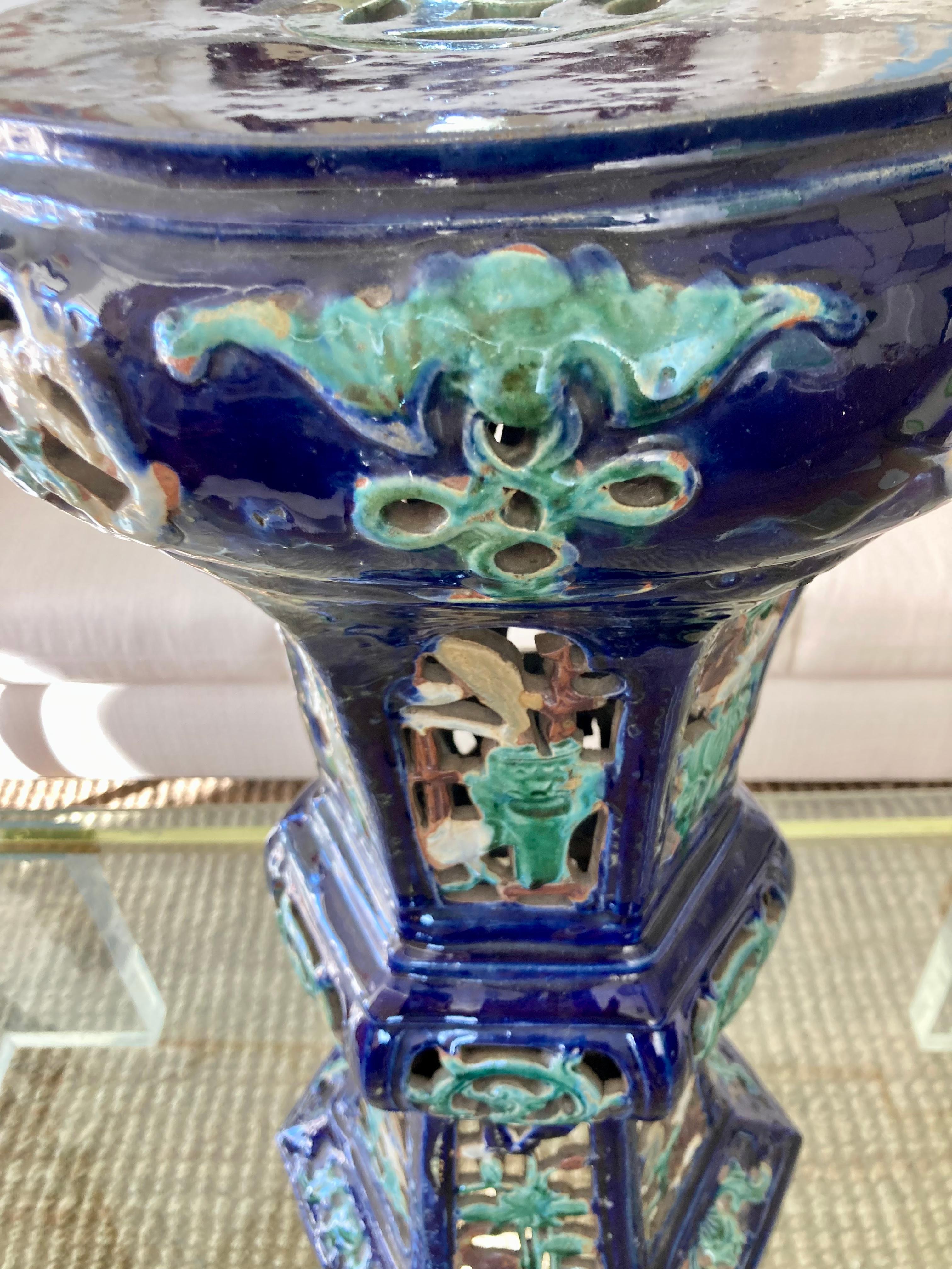 Terracotta Asian Blue Glazed Terra Cotta Pedestal For Sale