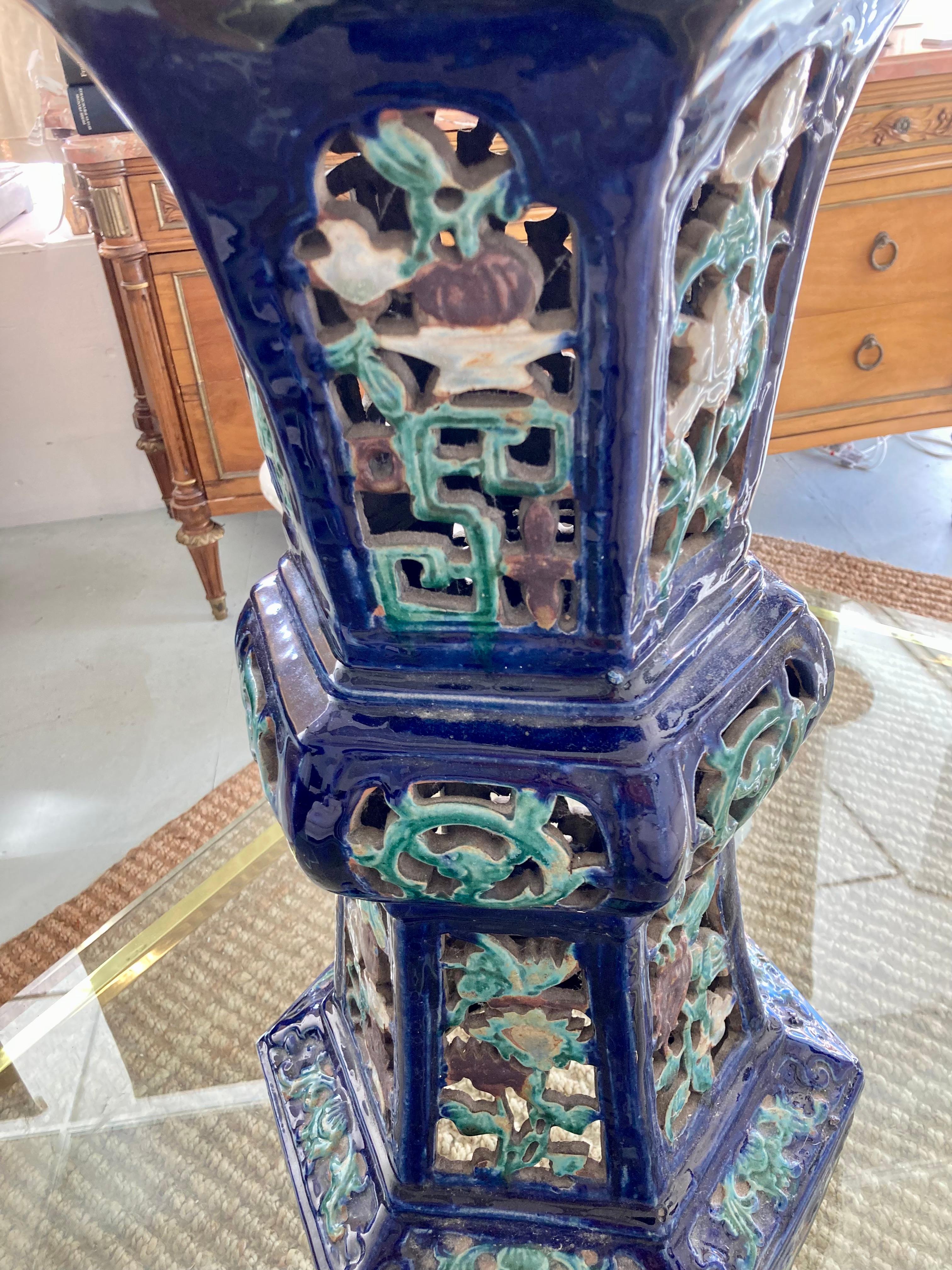 Asian Blue Glazed Terra Cotta Pedestal For Sale 1