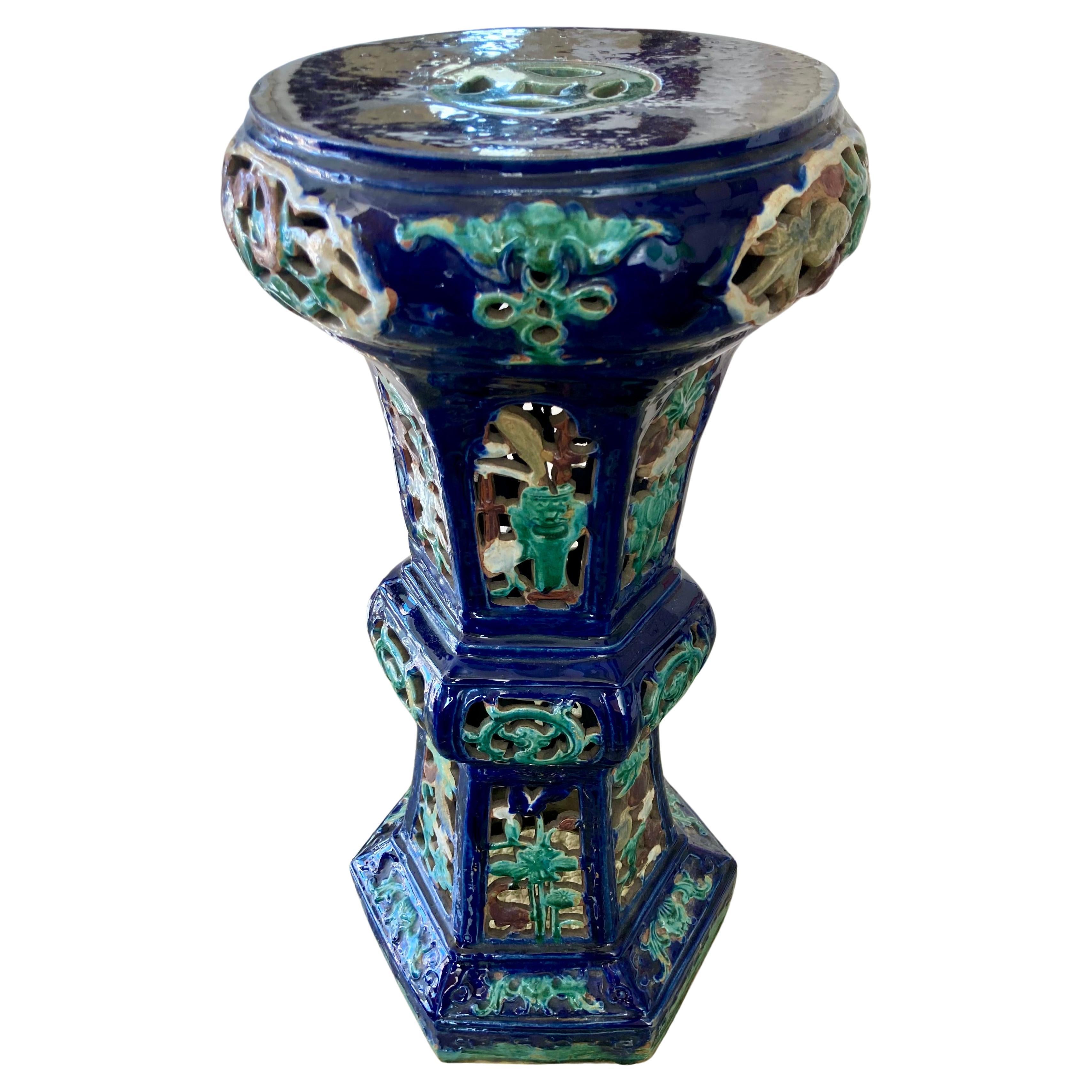 Asian Blue Glazed Terra Cotta Pedestal For Sale