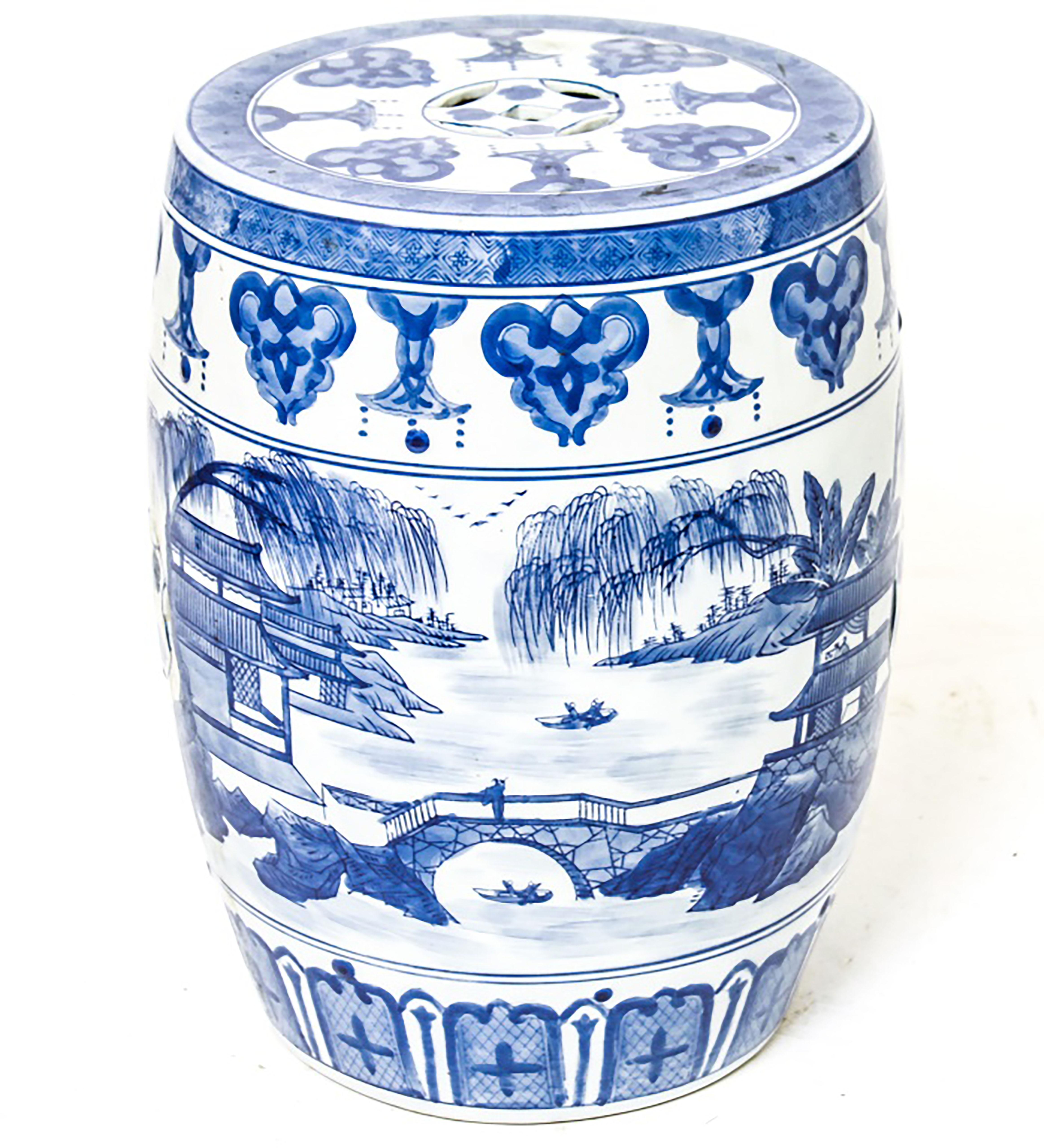 Chinoiserie Asian Blue & White Porcelain Garden Seat For Sale