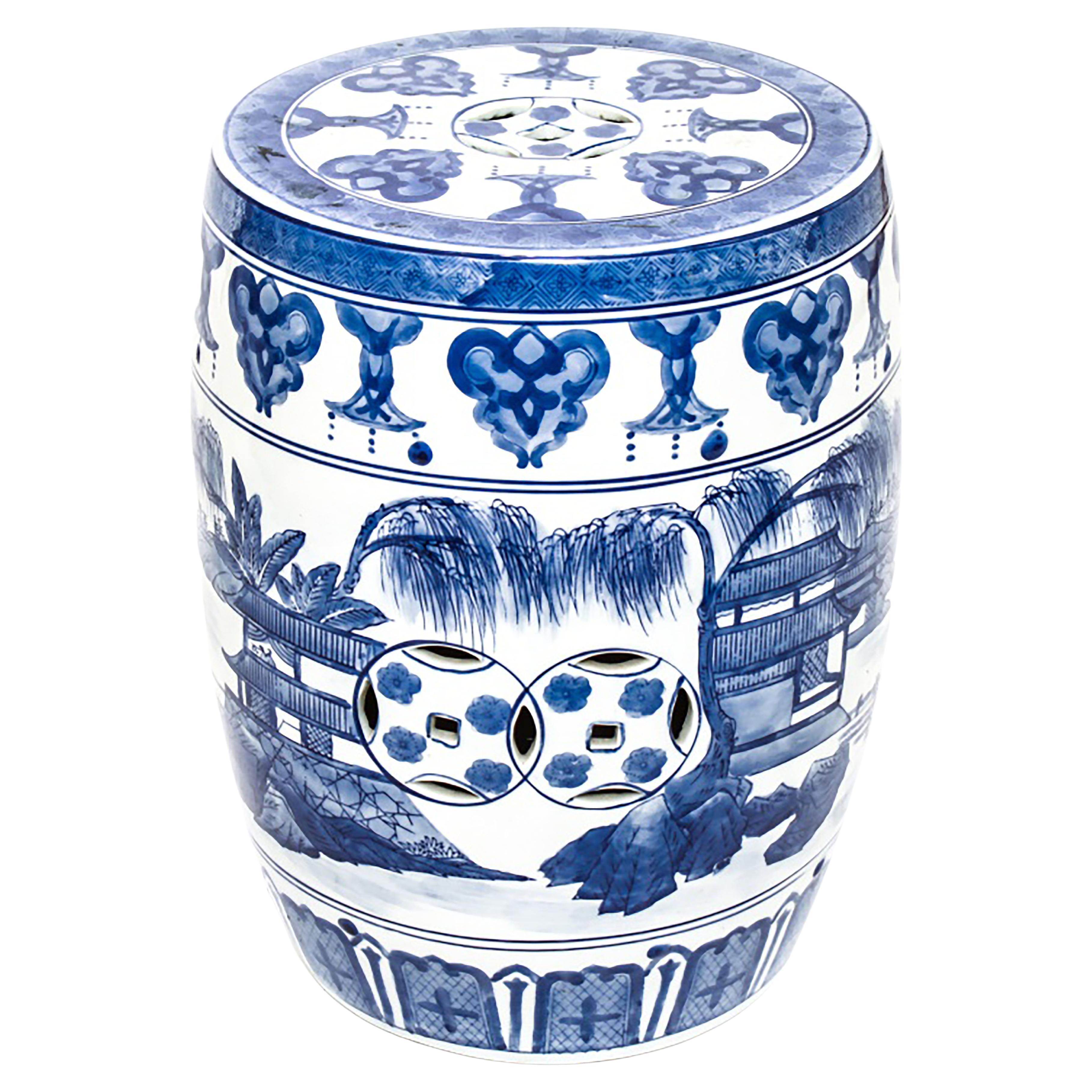 Asian Blue & White Porcelain Garden Seat For Sale