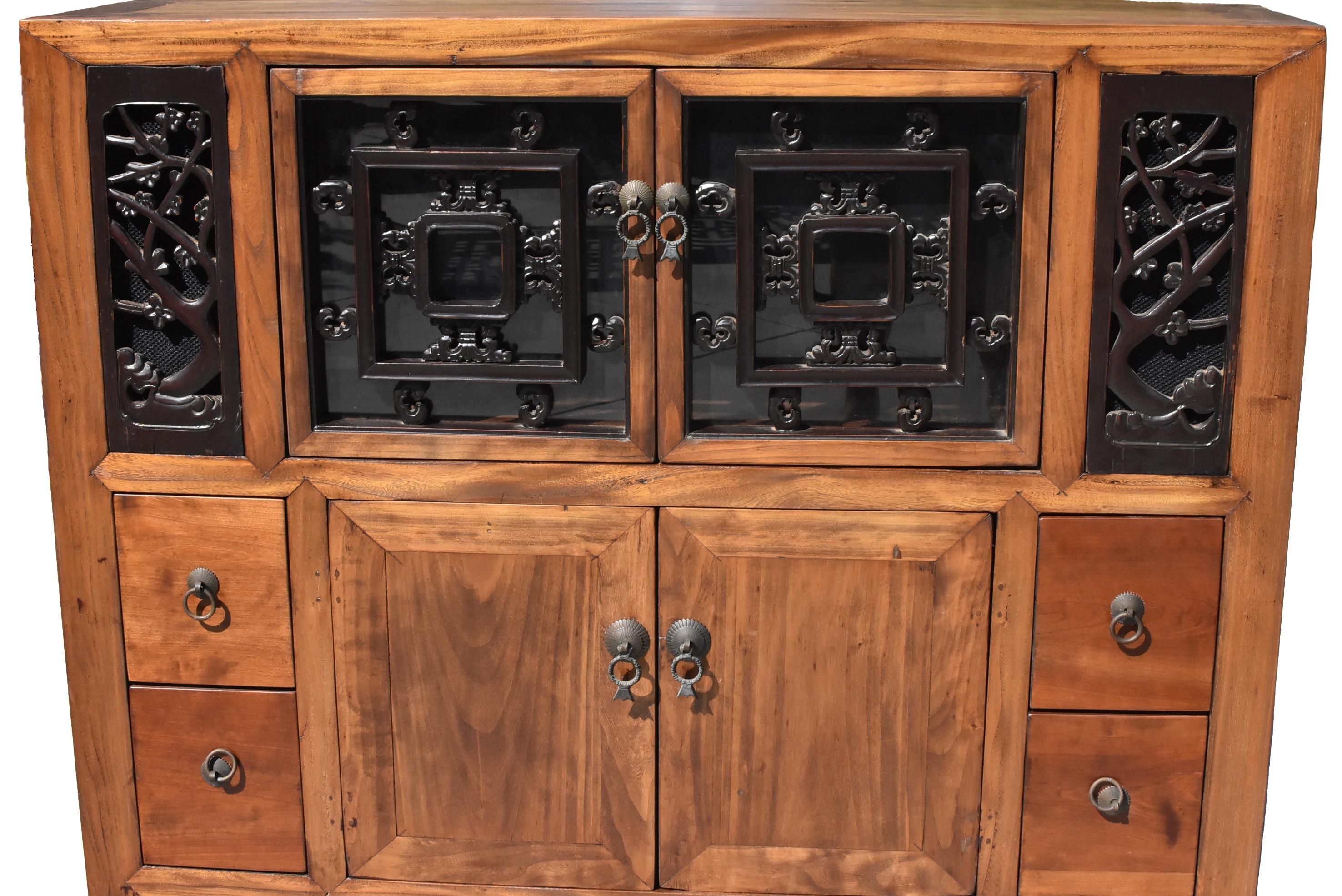 Hand-Carved Asian Book Cabinet with Carved Screens