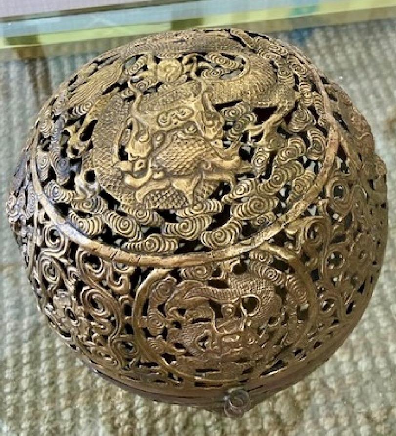 Beautiful Asian brass ball incense holder. We have a similar one in our inventory so collect both! From the Estate of Tony Duquette.