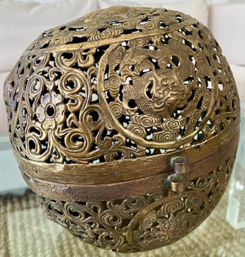 Chinese Asian Brass Ball Incense Holder For Sale