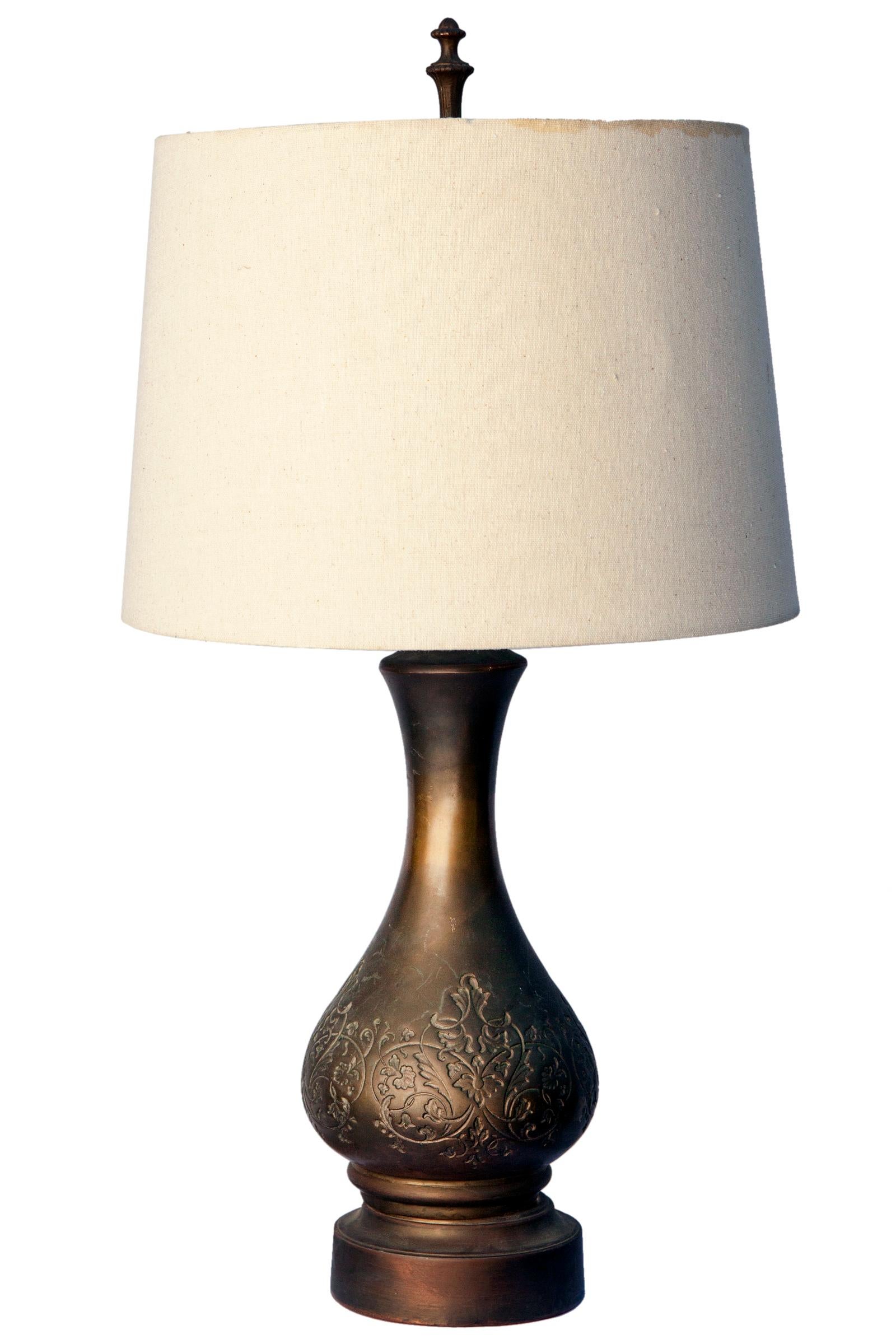Linen Asian Brass Etched Urn Lamp/ Ivory Lamp Shade For Sale